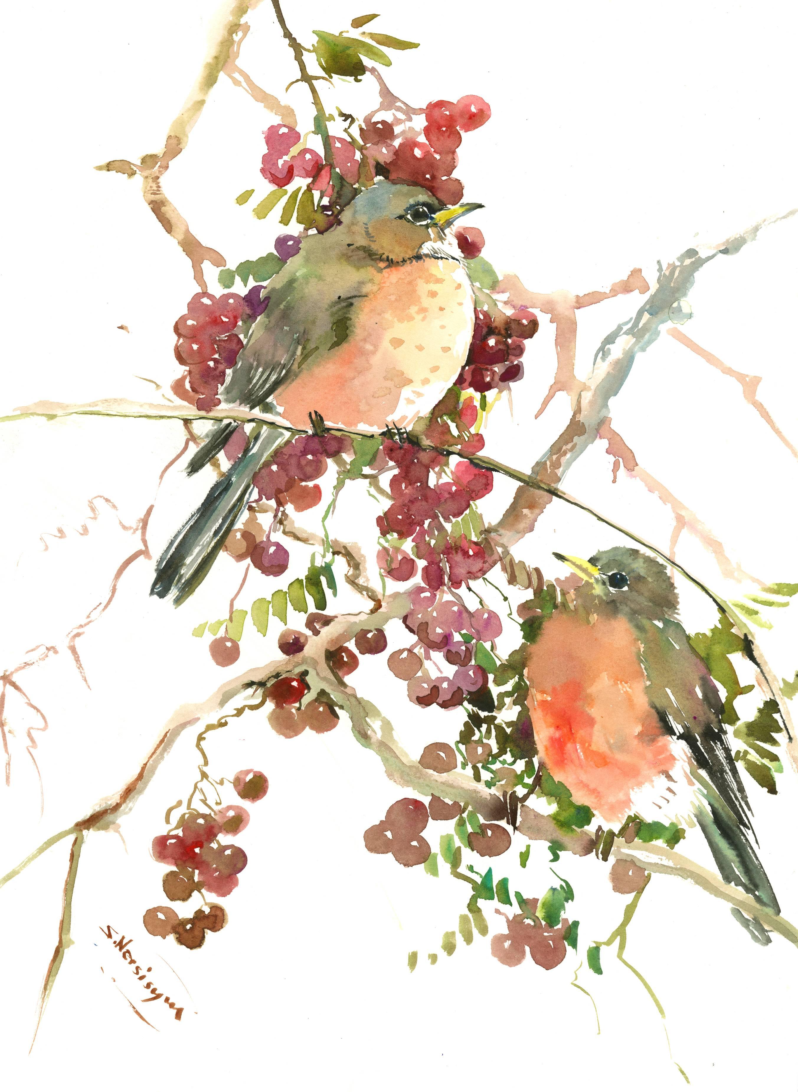 Suren Nersisyan Animal Art - American Robins and Berries