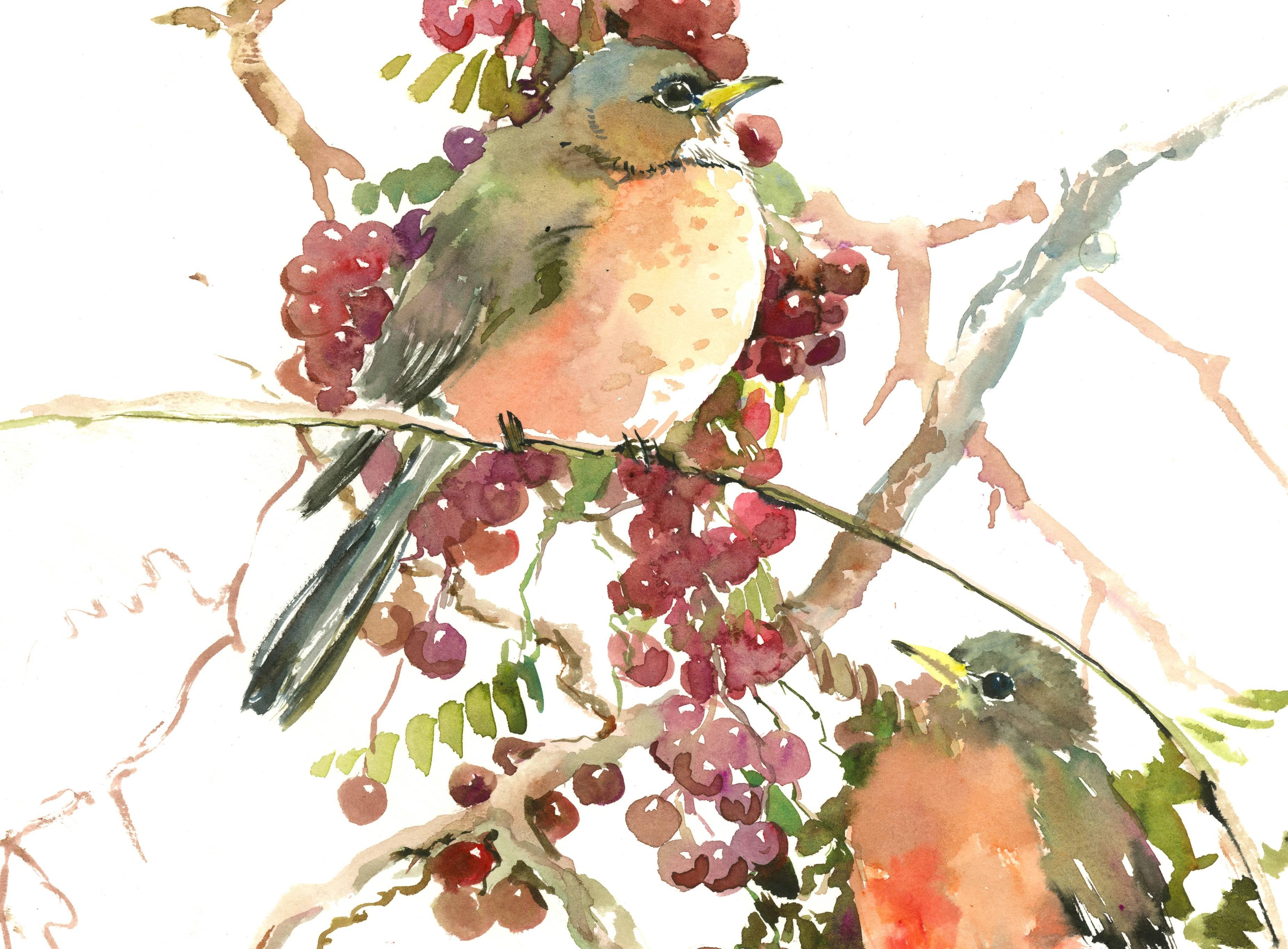 American Robins and Berries - Art by Suren Nersisyan