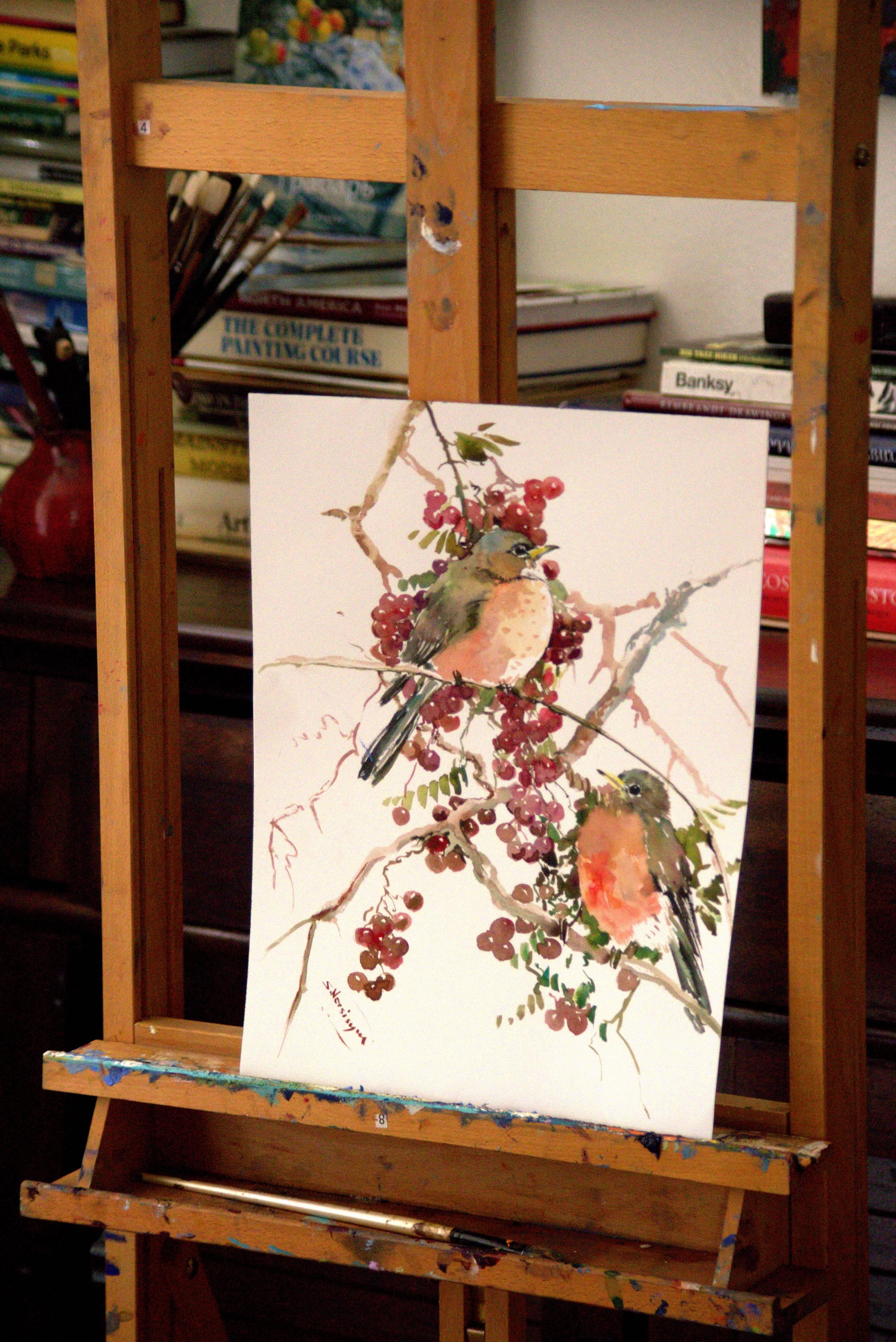 American Robins and Berries - Realist Art by Suren Nersisyan