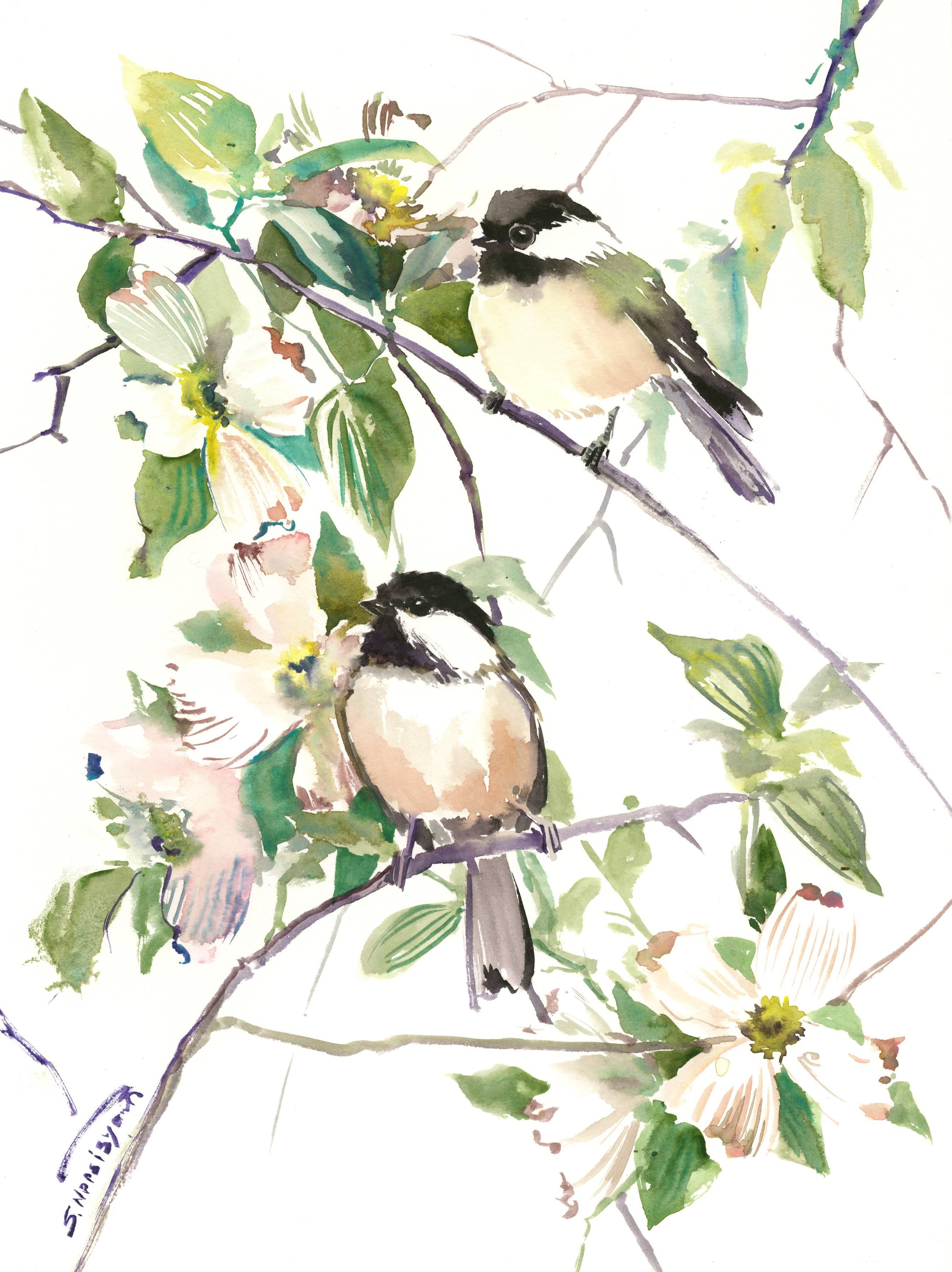 Song of the Spring, Chickadees and Dogwood Flowers Suren Nersisyan Watercolor pa