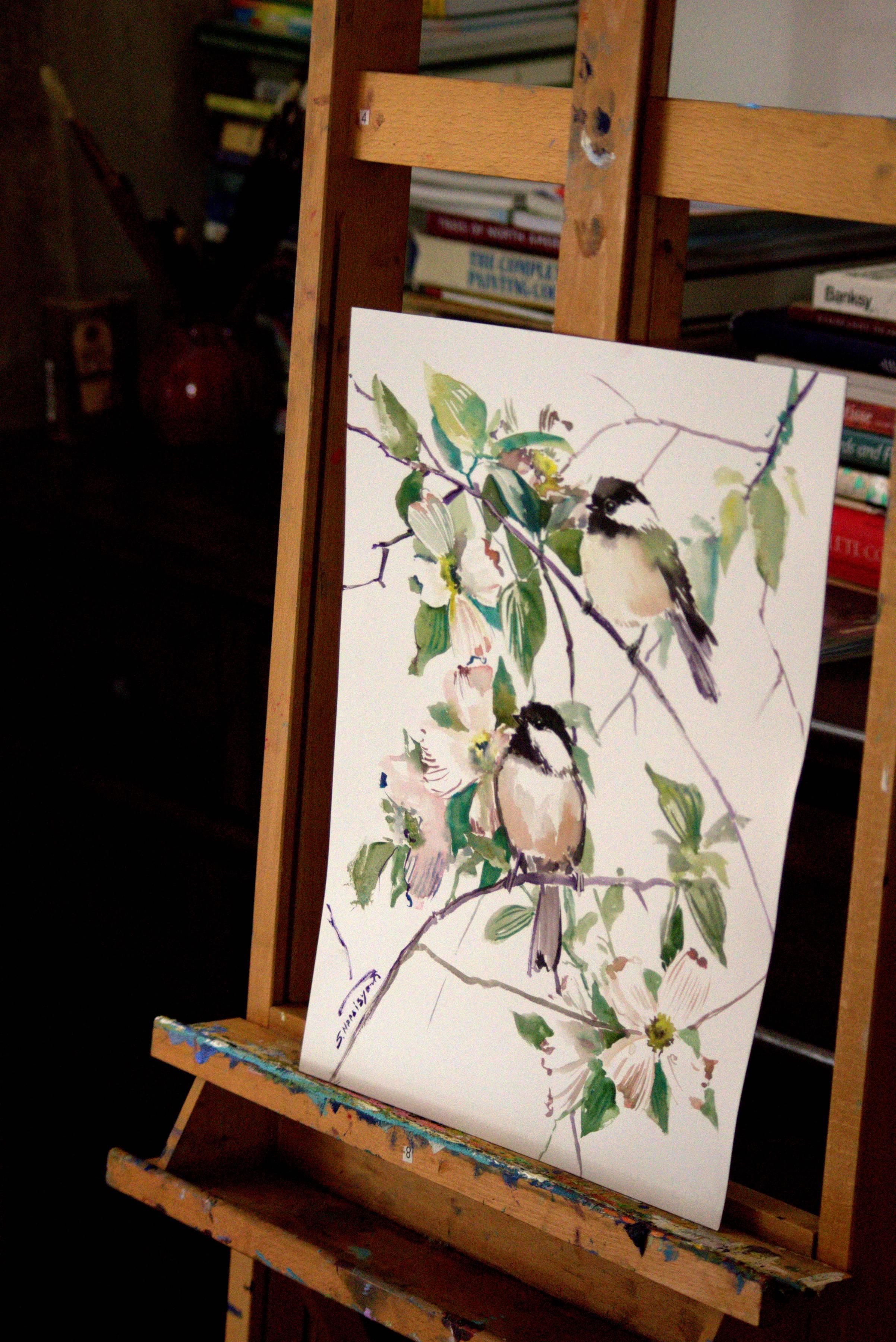 Song of the Spring, Chickadees and Dogwood Flowers Suren Nersisyan Watercolor painting on paper
One-of-a-kind
Signed on front and back
2017
16 in. h x 12 in. w 
1 lbs. 0 oz. Artist Comments 
This piece is from my Birds and Flowers series. The