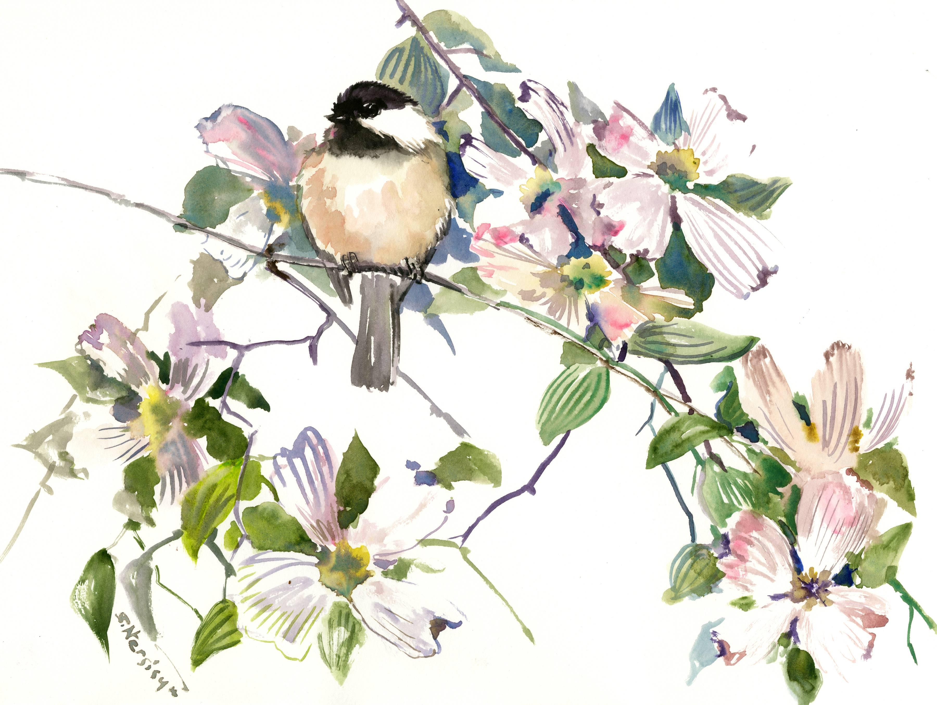 Enjoyment, Chickadee and Dogwood Flowers Suren Nersisyan Watercolor painting on 