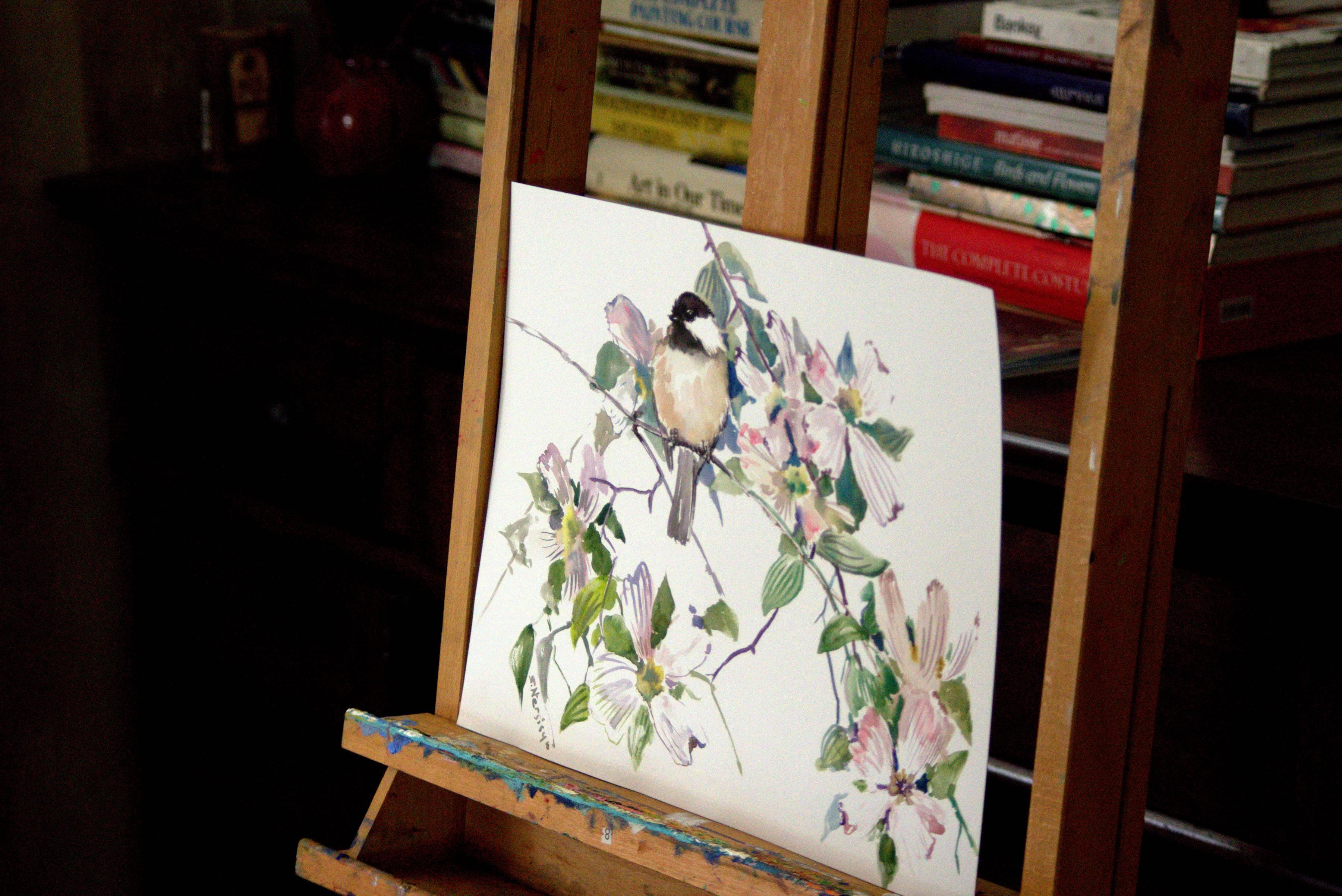Enjoyment, Chickadee and Dogwood Flowers Suren Nersisyan Watercolor painting on paper
One-of-a-kind
Signed on front and back
2017
12 in. h x 16 in. w 
1 lbs. 0 oz. Artist Comments 
This piece is from my Birds and Flowers series. The painting is on