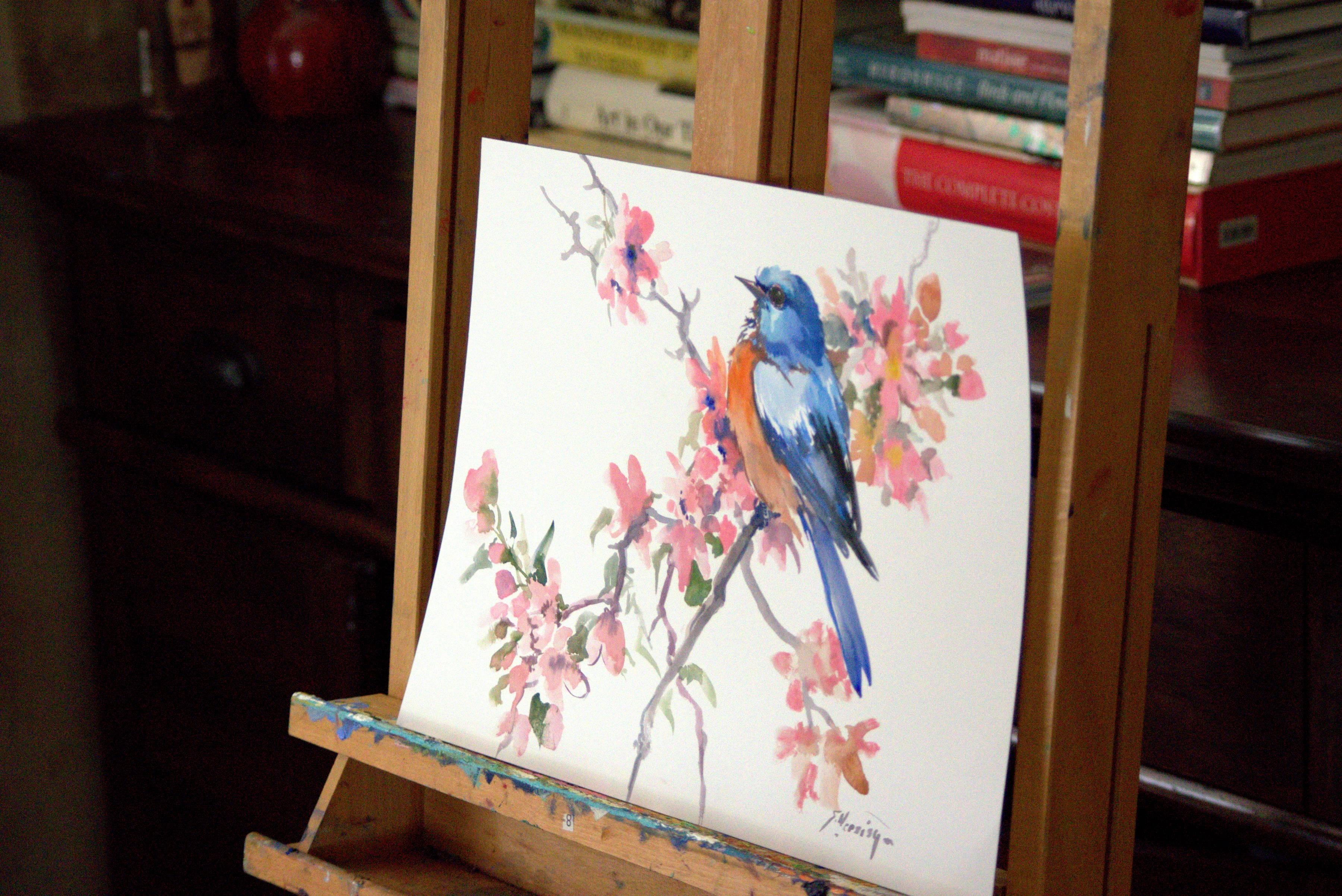 Spring, Bluebird and Sakura Blossom - Realist Art by Suren Nersisyan