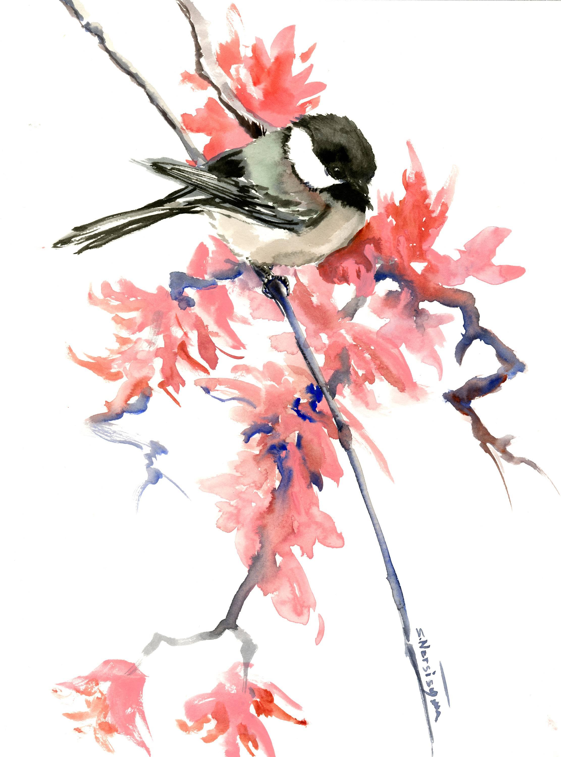 Suren Nersisyan Animal Art - Chickadee and Spring Blossom