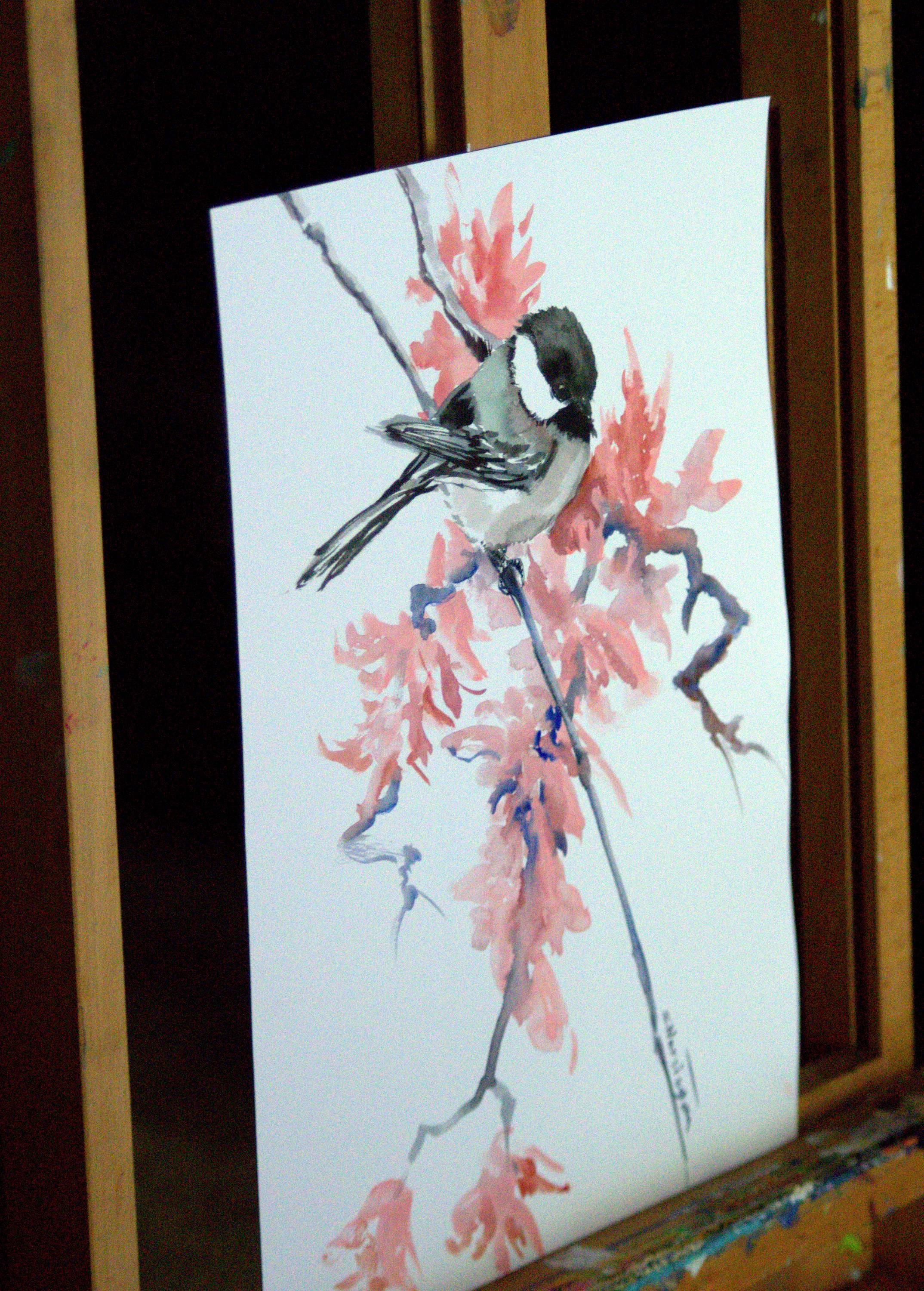 Chickadee and Spring Blossom - Art by Suren Nersisyan