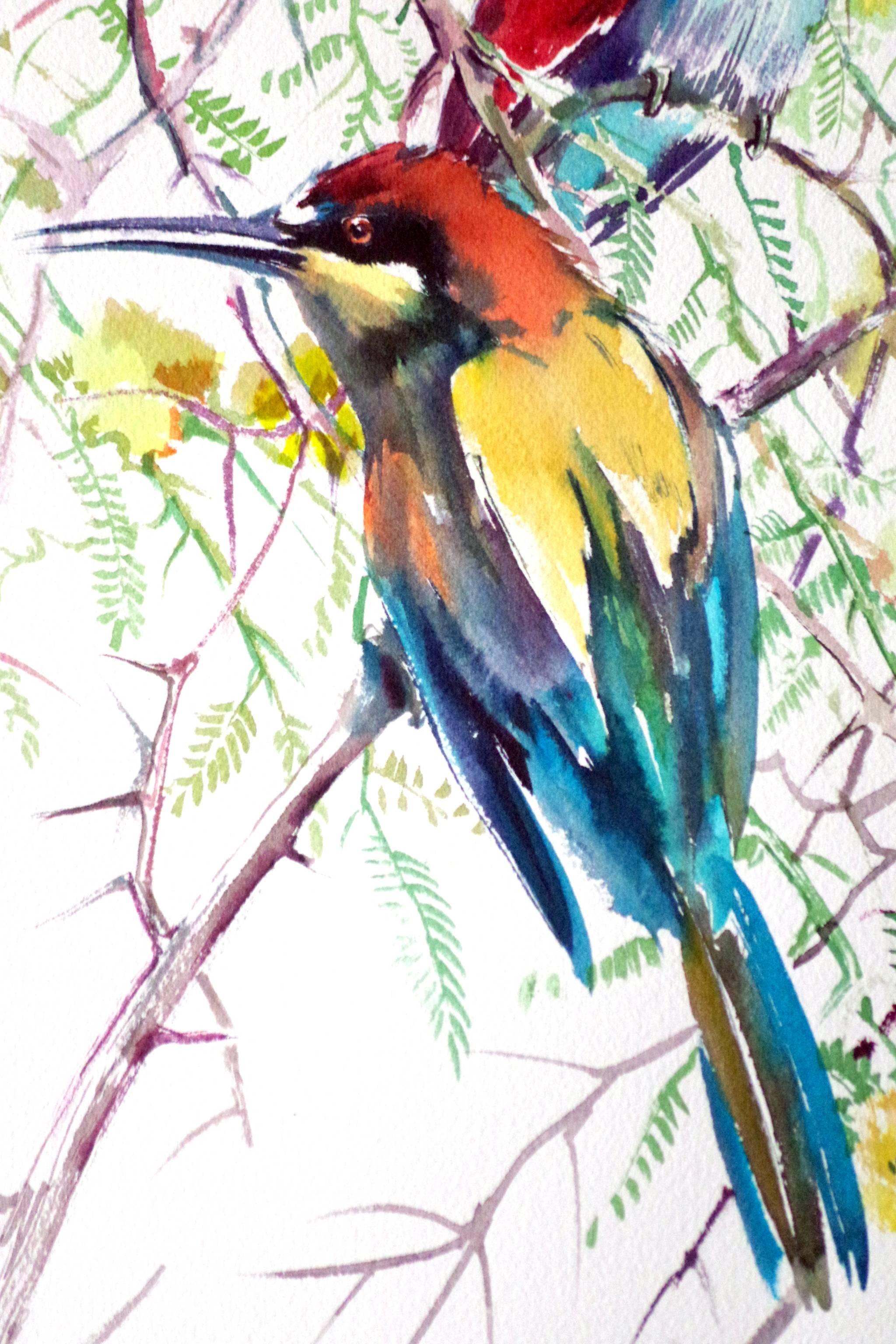 European Bee Eaters and Acacia - Impressionist Art by Suren Nersisyan
