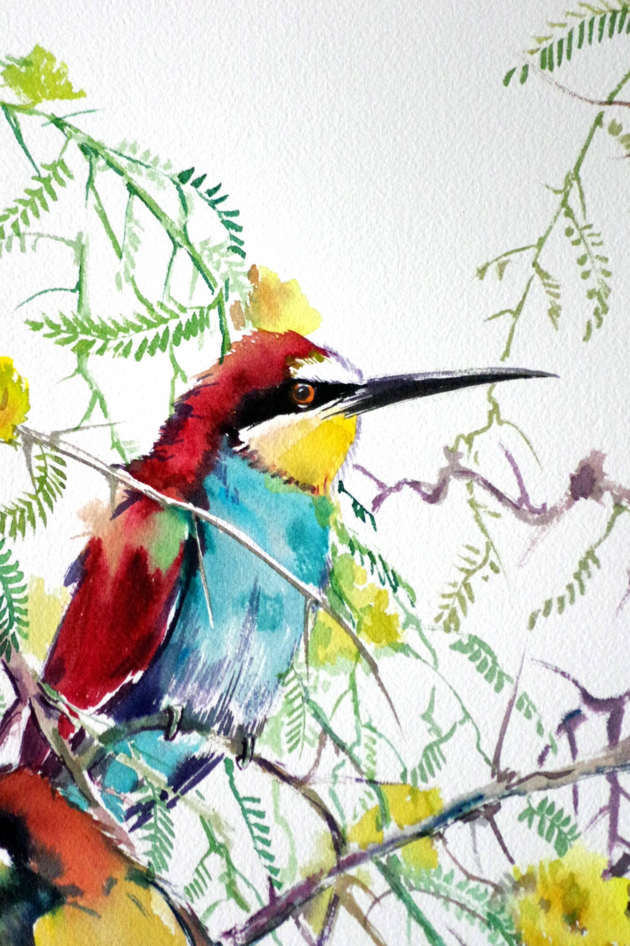 <p>Artist Comments<br>European Bee Eaters have bright colors and dynamic shapes. I found that look very beautiful combined with a yellow acacia plant. This piece is on heavyweight paper and will need a frame for display. </p><p>About the