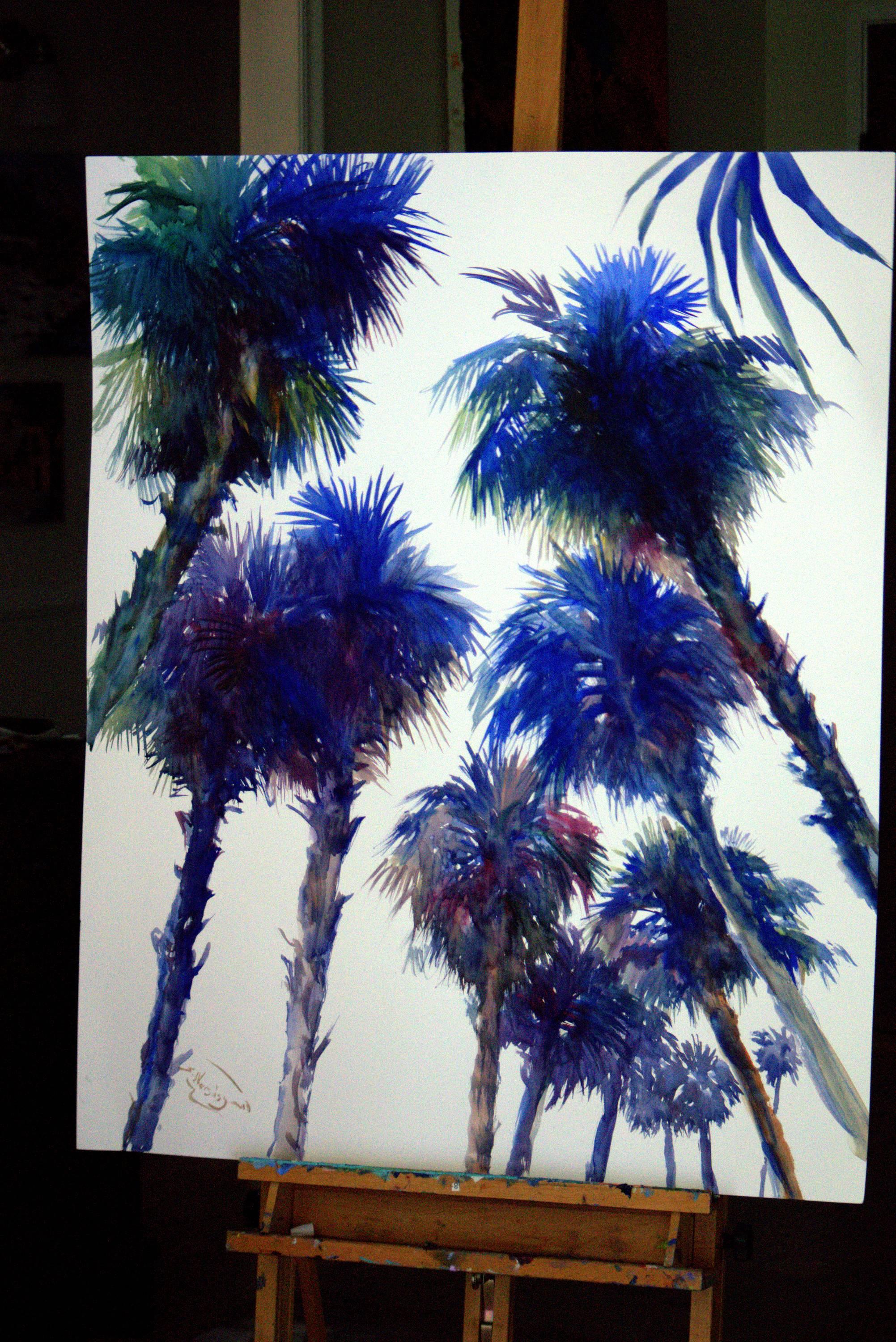Under Palm Trees, Blue Shades - Pop Art Art by Suren Nersisyan