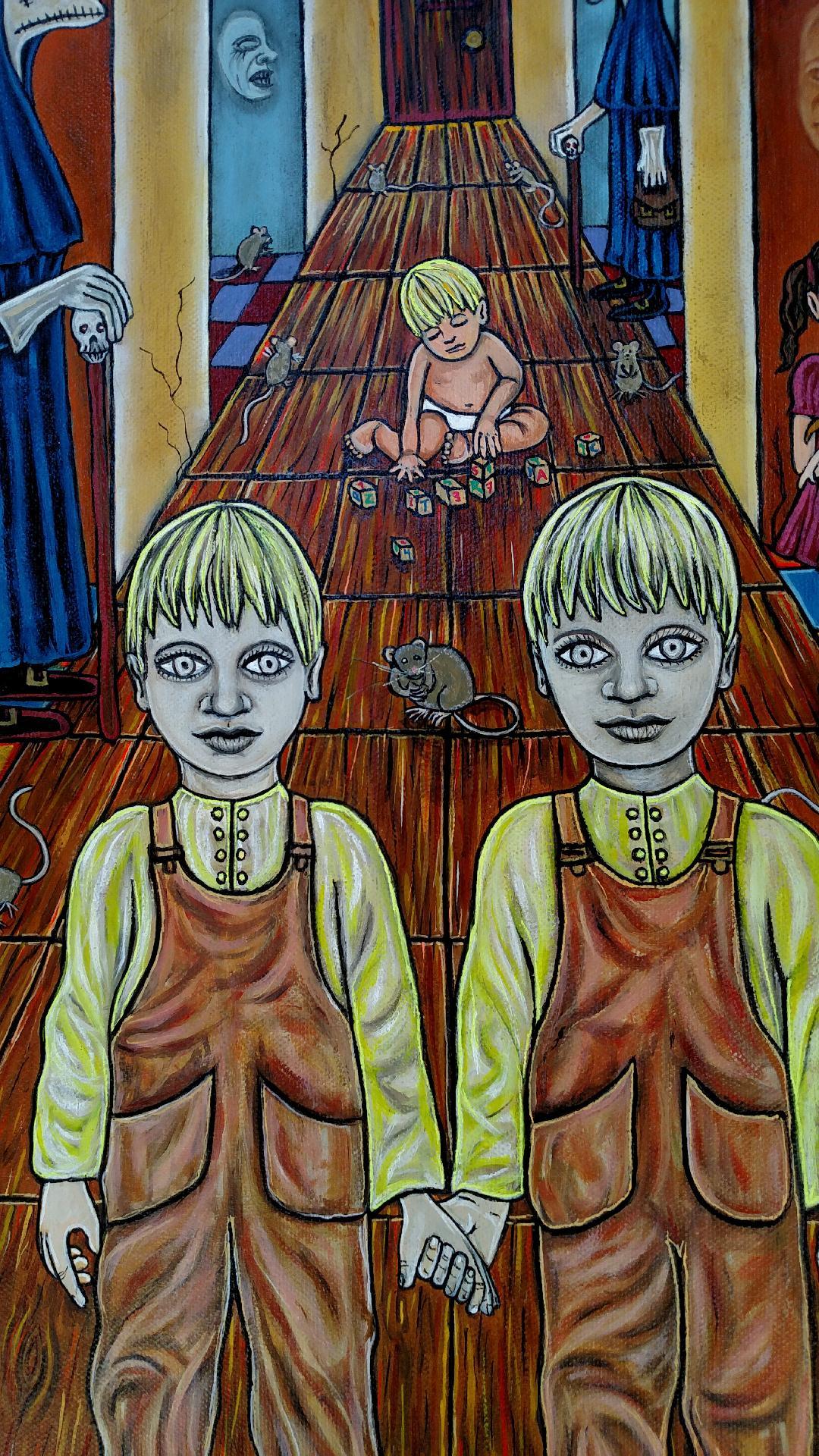 <p>Artist Comments<br>This painting was inspired by the movie The Shining and the twins holding hands in a hallway.</p><p>About the Artist<br>Beatriz’s paintings are finely executed depictions of the bizarre. Hovering between the categories of