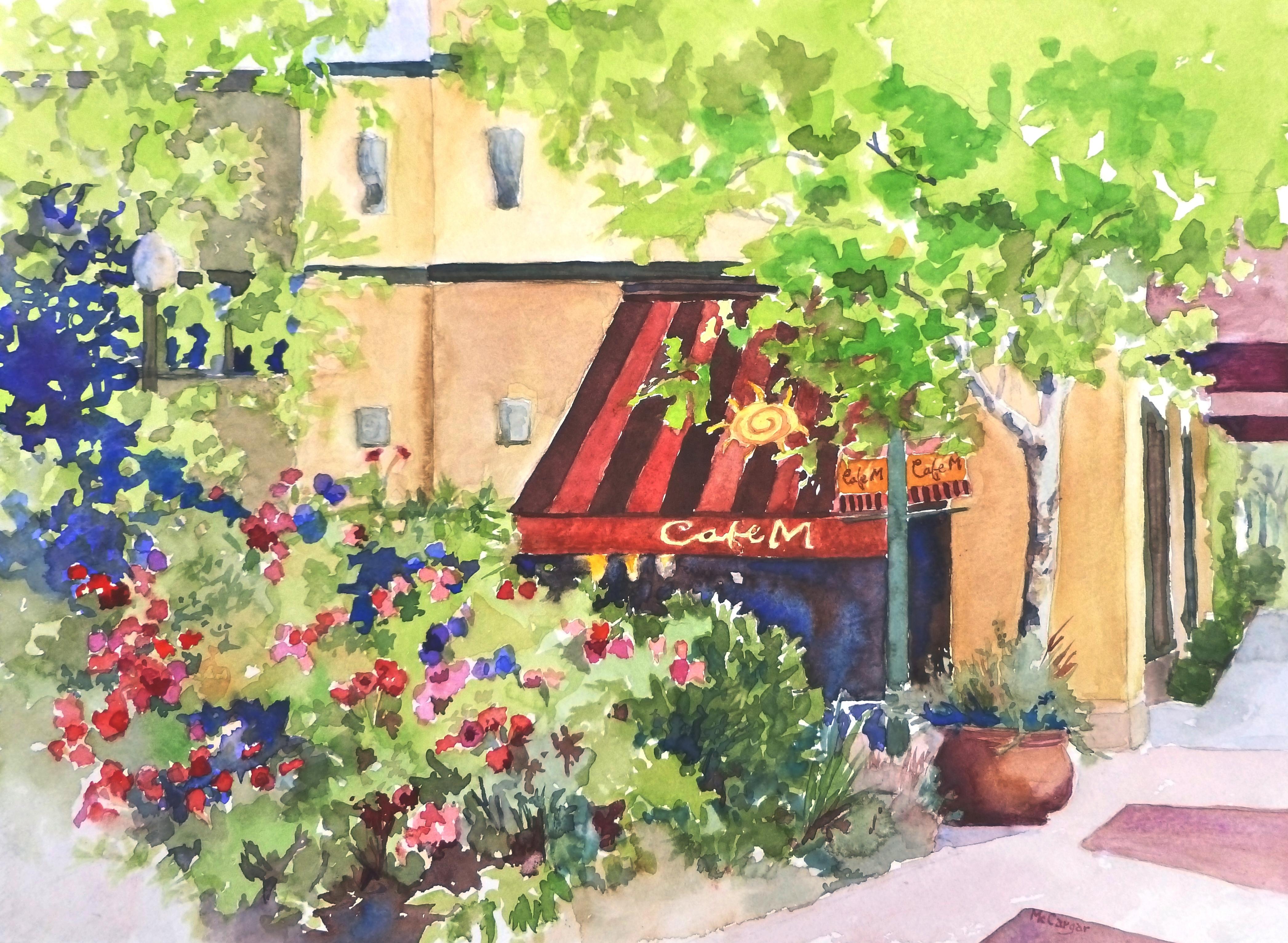 Cafe M Catherine McCargar, Watercolor painting on paper
One-of-a-kind
Signed on front
2017
11 in. h x 15 in. w 
0 lbs. 1 oz.  

Artist Comments 
This is a street scene in Berkeley, California. On a plein air painting outing, I was drawn by the