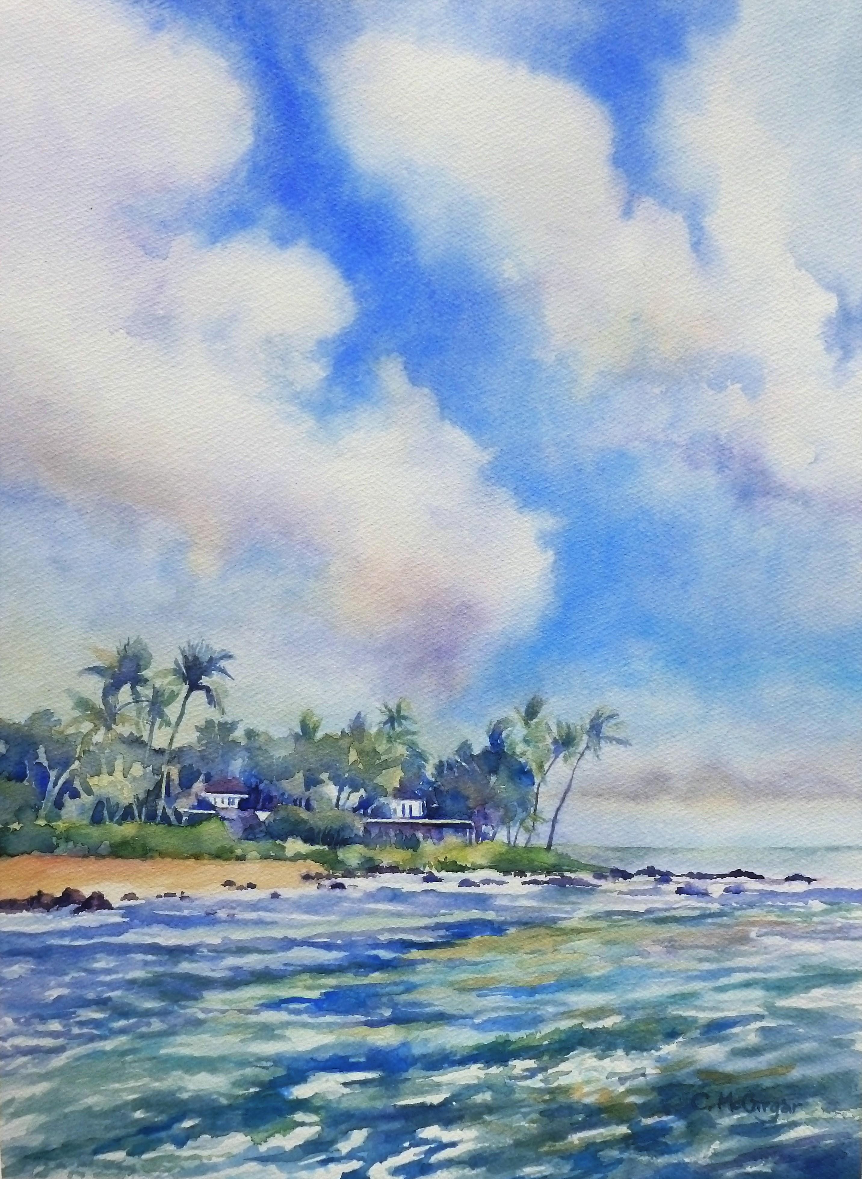 Kauai Catherine McCargar, Watercolor painting on paper
Ready to frame
One-of-a-kind
Signed on front
2017
19 in. h x 14 in. w 
0 lbs. 2 oz. 

 Artist Comments 
In many places, the sky is as interesting, or even more interesting than the land. On the