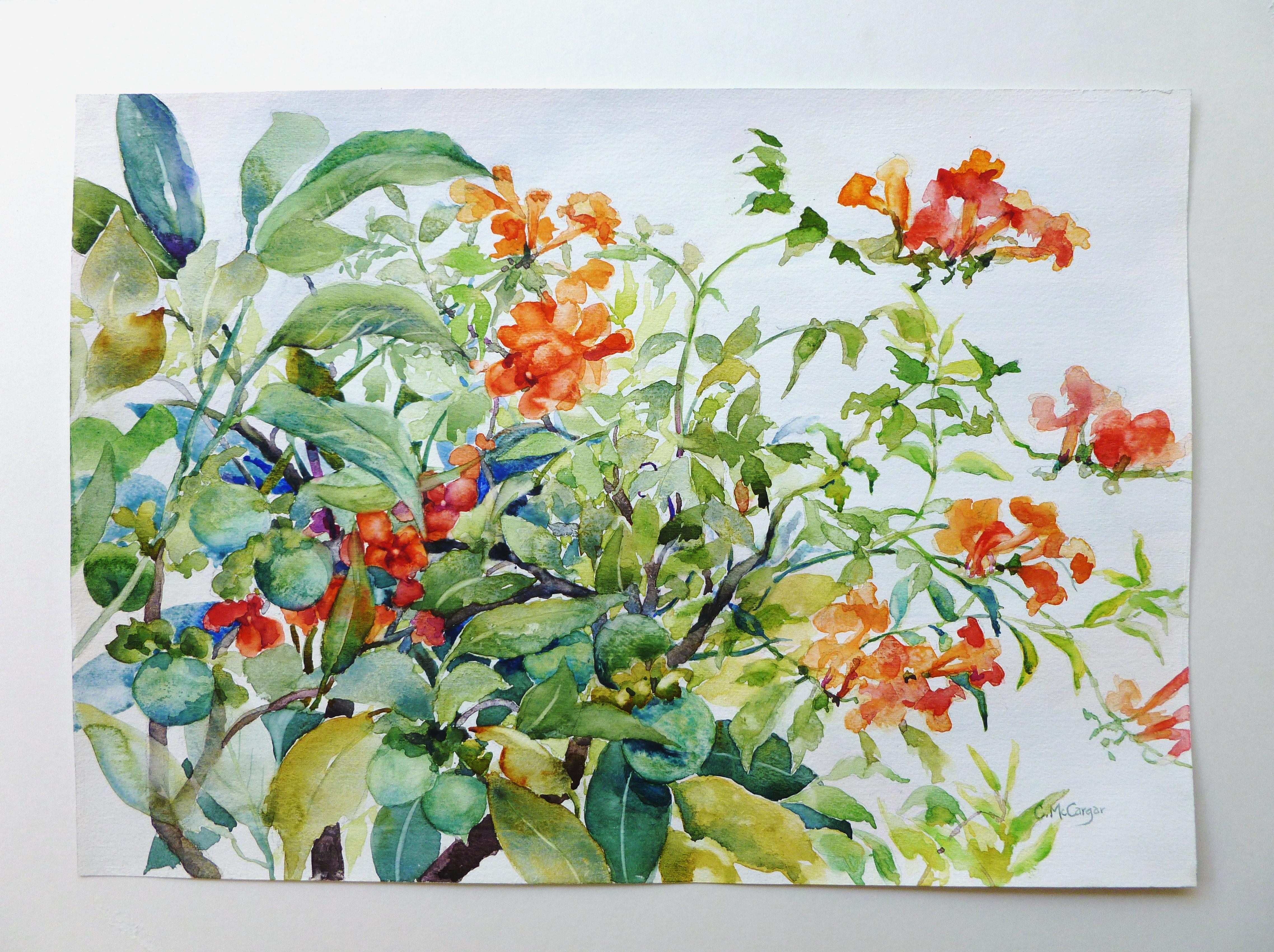 <p>Artist Comments<br> I started this piece en plein air in an artist friend's garden. She has planted fruit trees and flowering plants in a charmingly entwined situation, each producing its beauties in season. This is my interpretation of the still