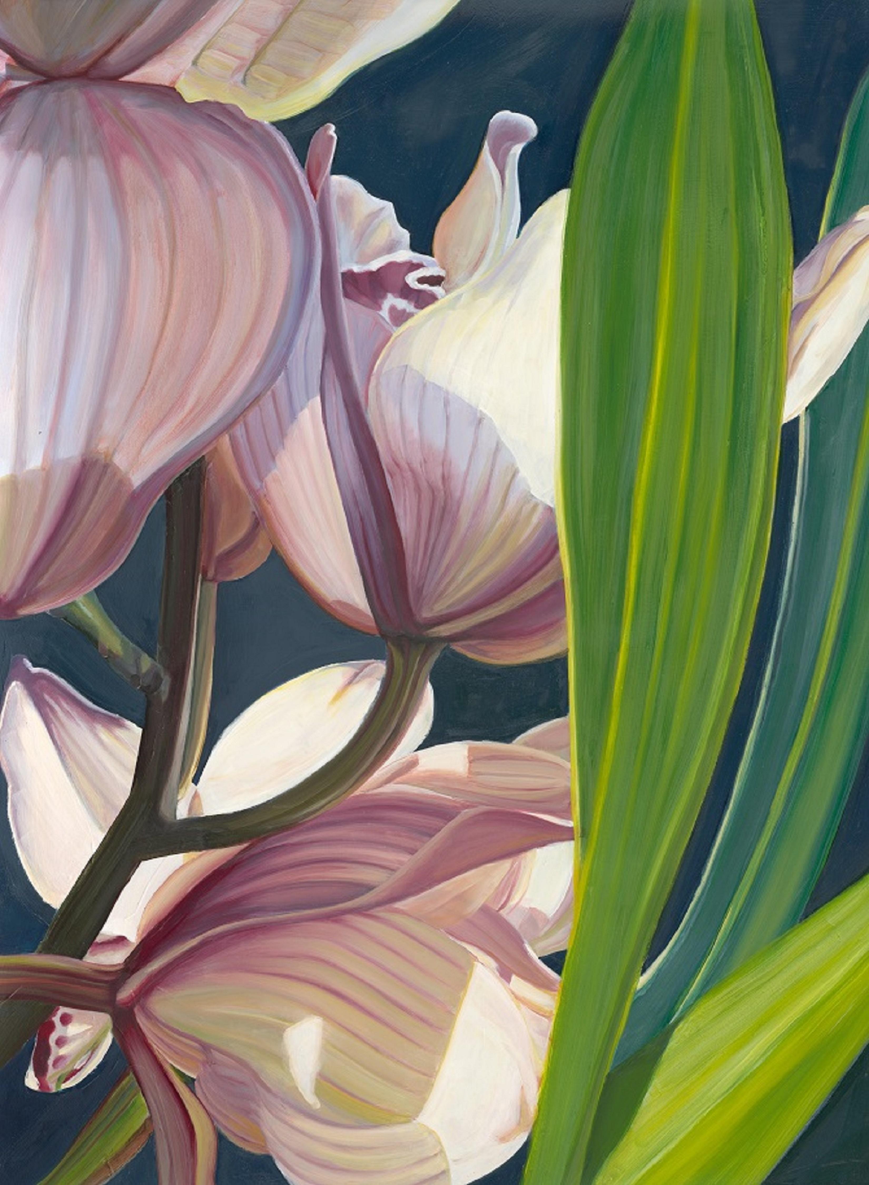 Painting accentuates the translucency of the petals and the intensity of the light filtering through the color in the petals, allowing details in the shadows to emerge and dramatically setting off the blue green stem. Oil on paper, varnished,