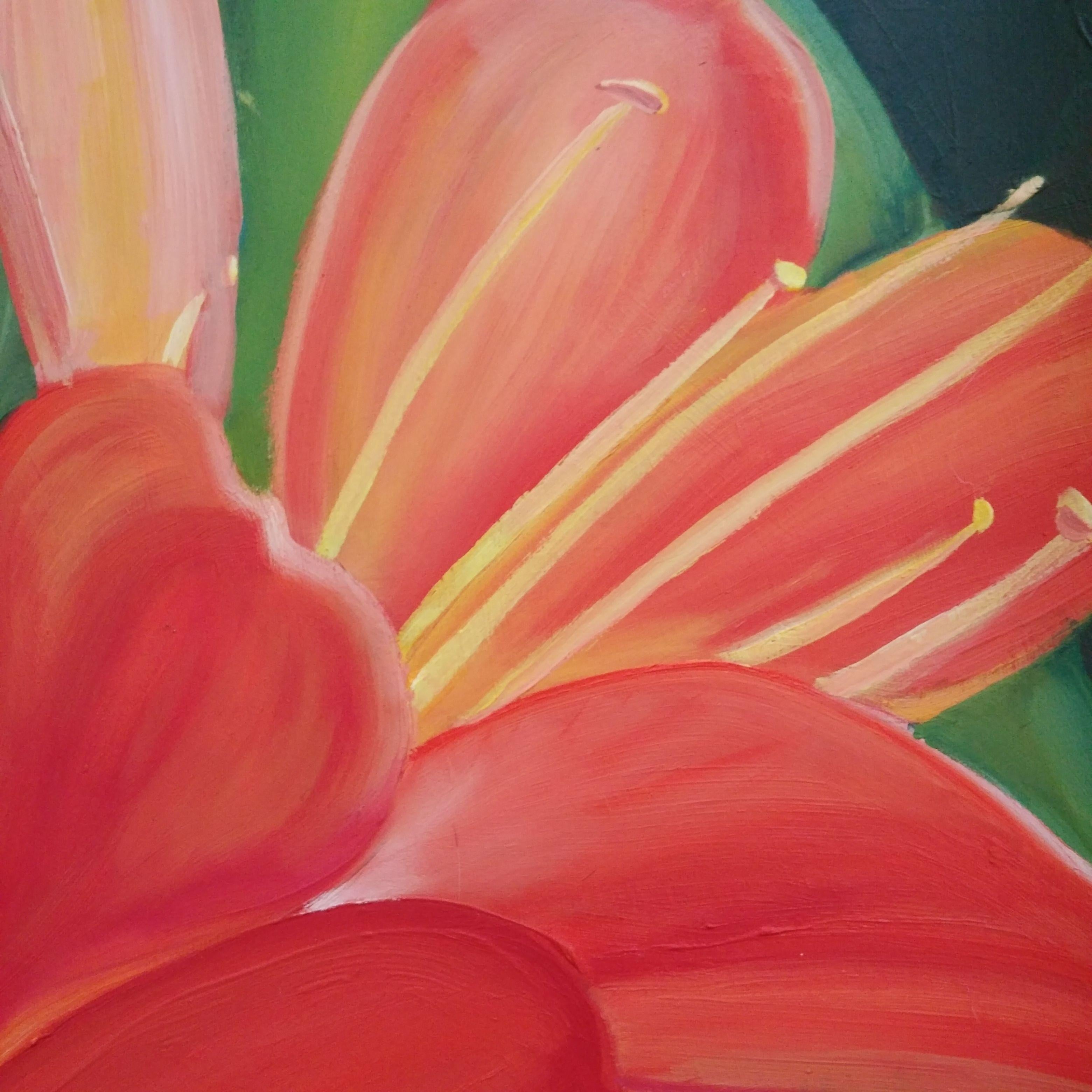 Big, bright tropical flower in shades of pale to deep orange and pale to deep green. Paper base, gessoed and painted with oil and varnished. Archival. Paper can be mounted on a board and framed as a painting, no glass. Or framed as a work on paper,