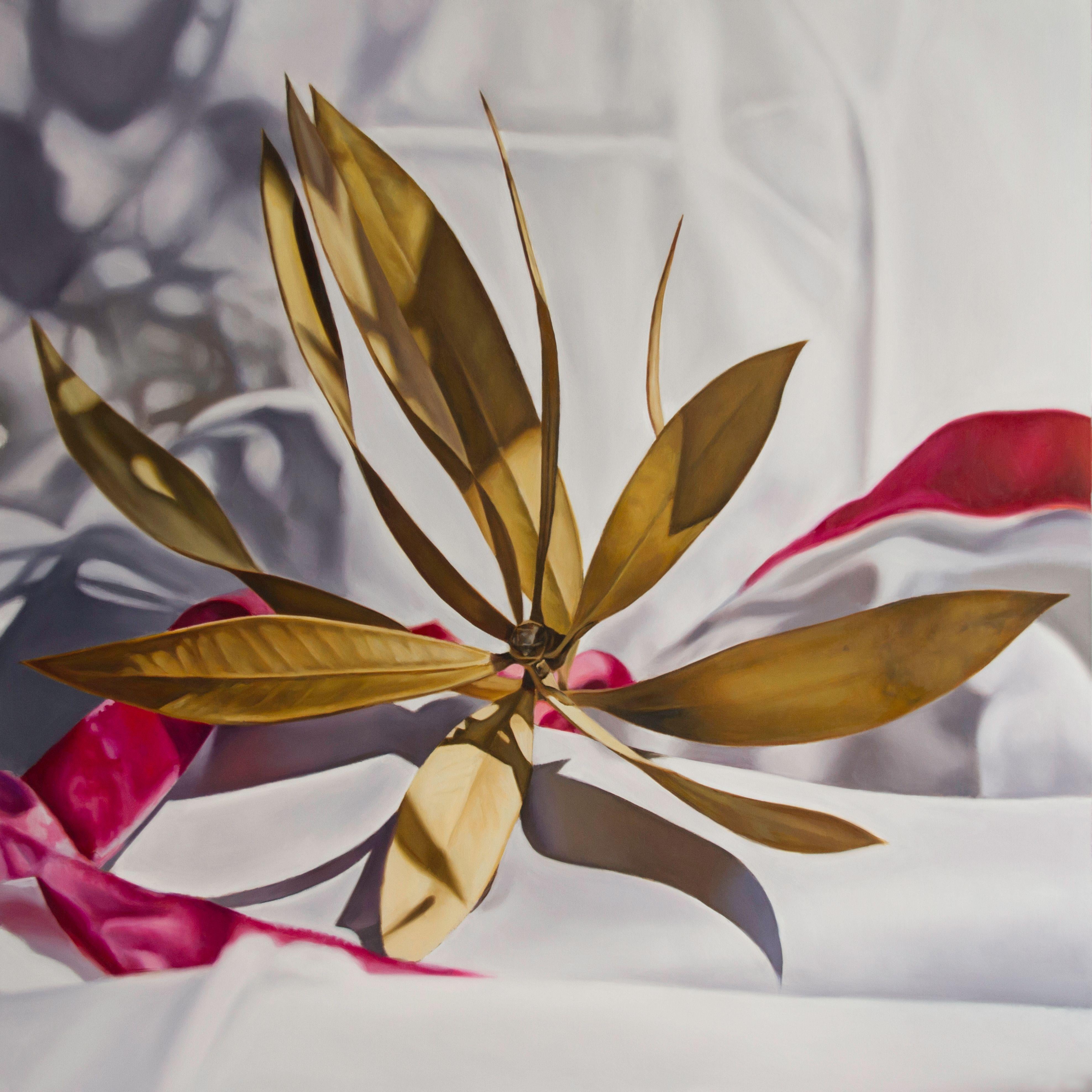 Ölgemälde, Öl auf Holzplatte, „Nerium Oleander mit rosa Band“ – Painting von Maite Backman