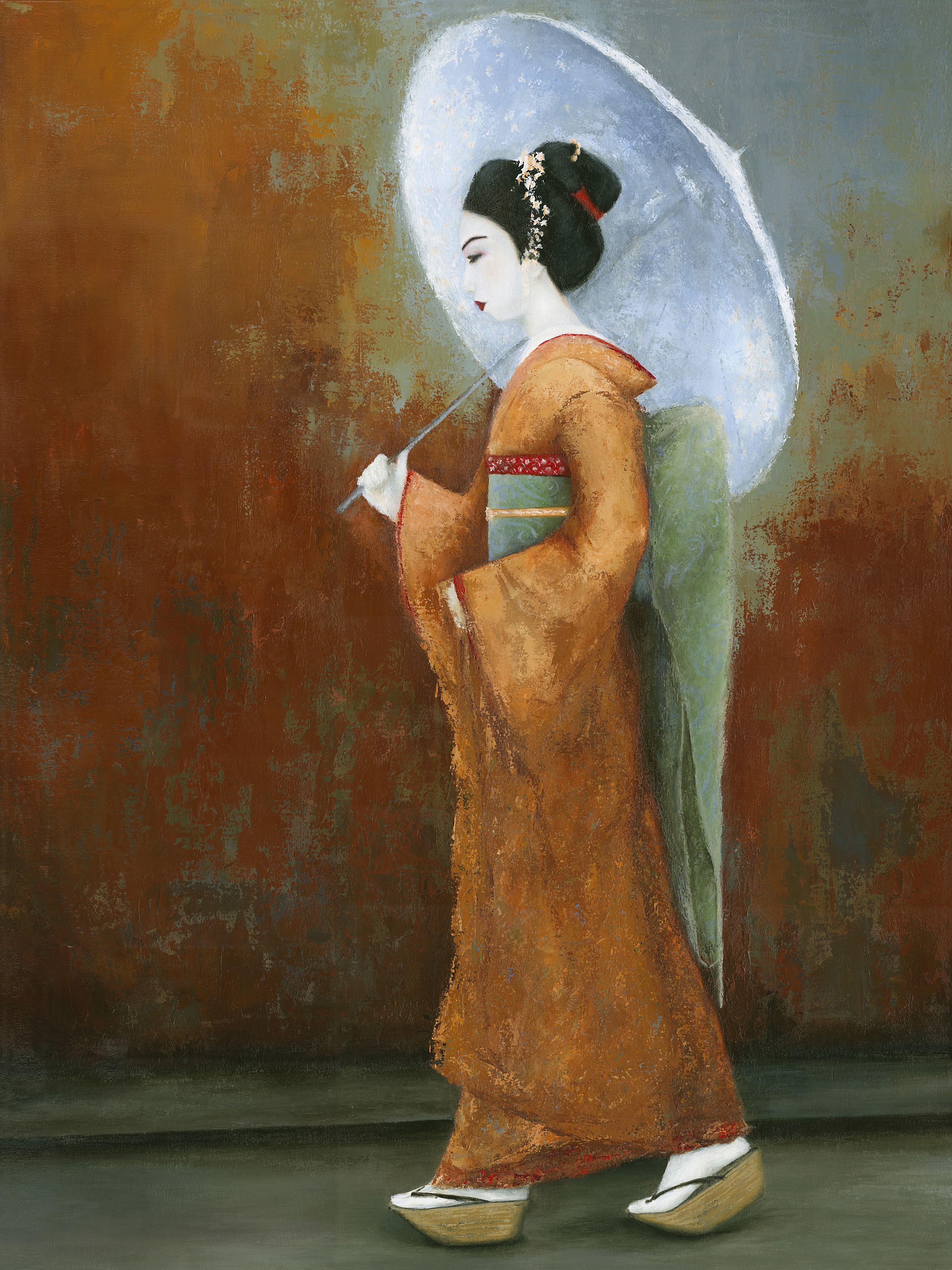 A guardian of traditional culture, she walks along the streets of Gion. Her world is one of secrecy and mystery. A world that has existed for hundreds of years.    -THE FEATURED ARTWORK was created using professional grade artist paints on gallery