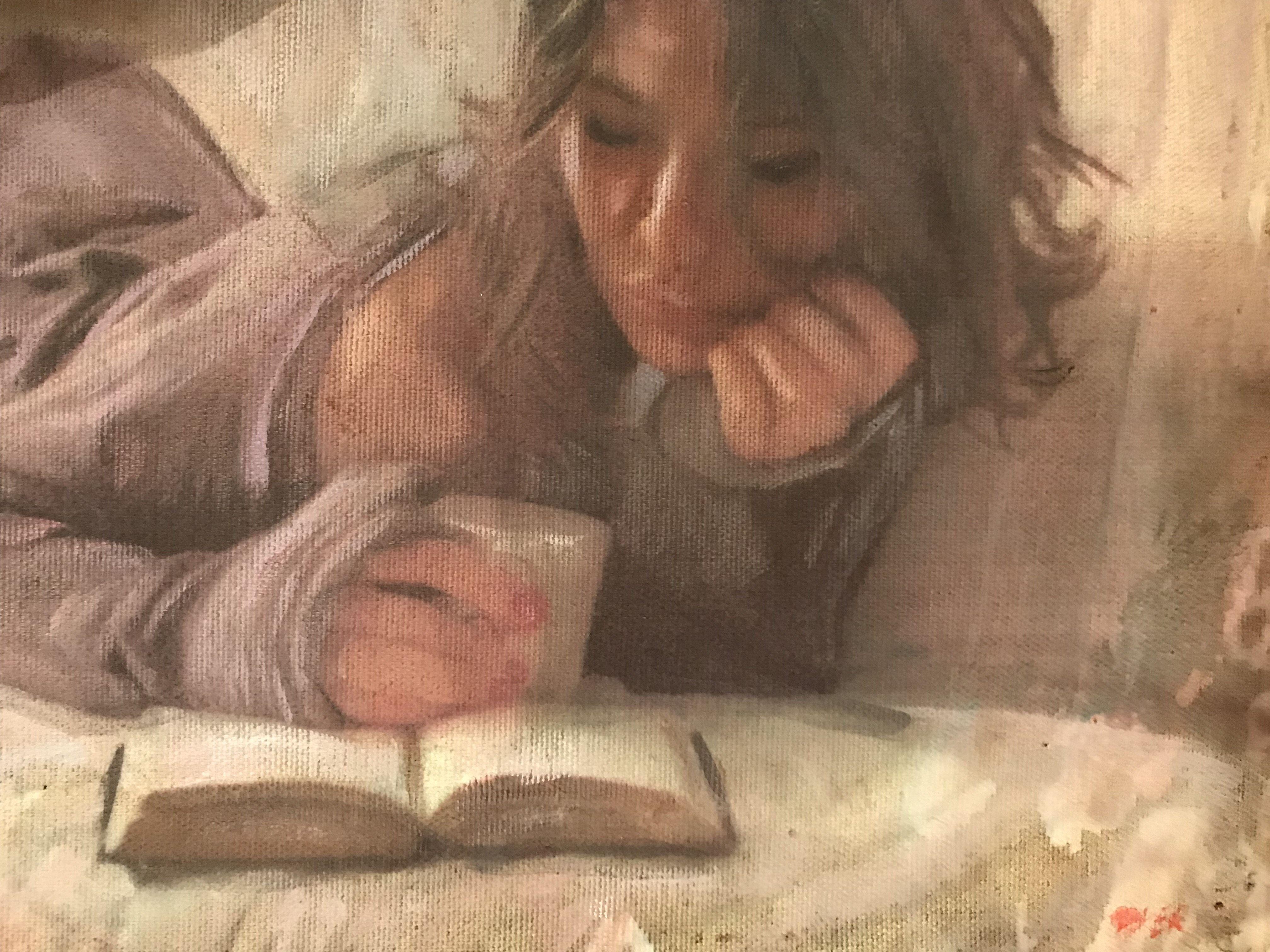 Acrylic on Canvas, framed to Guild of Framers Museum Standard. Here is a young woman completely at ease with herself and involved and immersed completely in her book. She is comfortable and happy and the afternoon sun gently lights up the room and