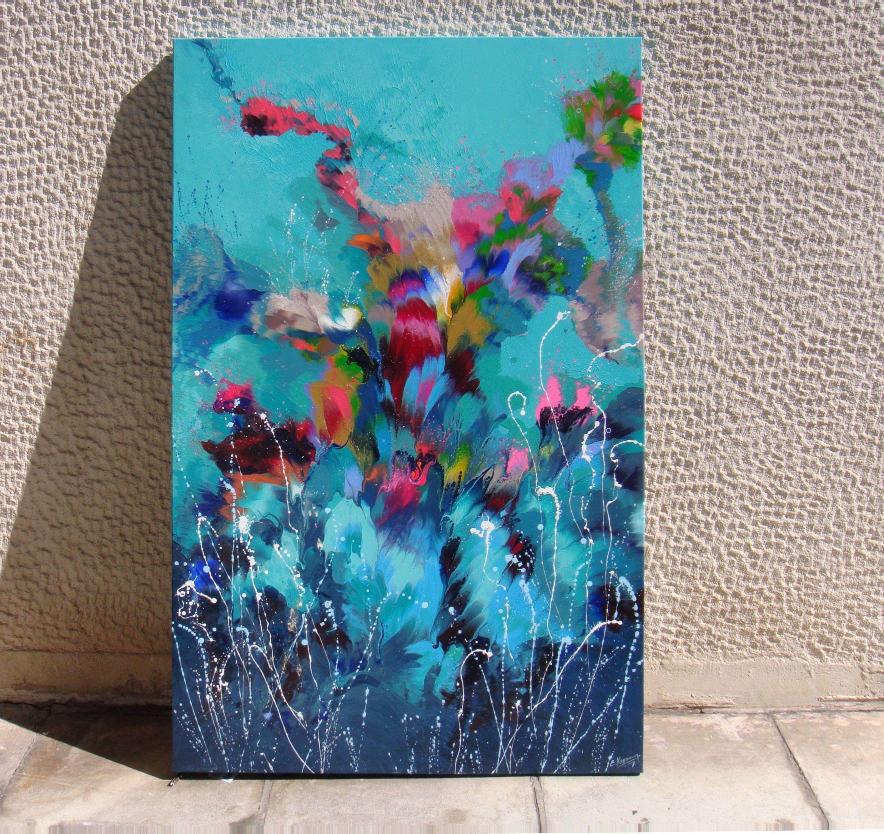 FLORAL COMPOSITION, Painting, Acrylic on Canvas - Blue Abstract Painting by Irini Karpikioti