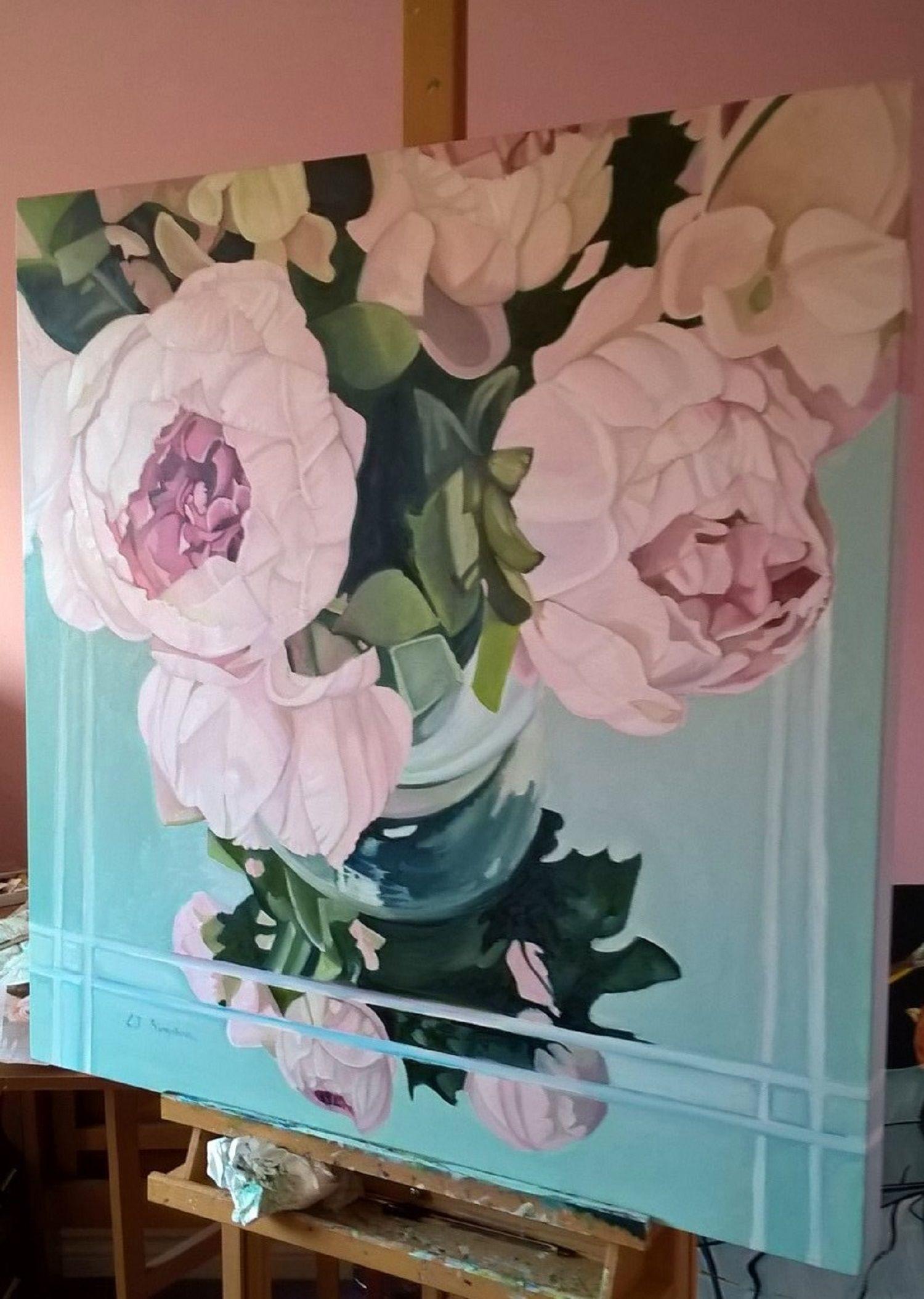 Peonie in ottobre, Pittura, Olio su tela in vendita 1