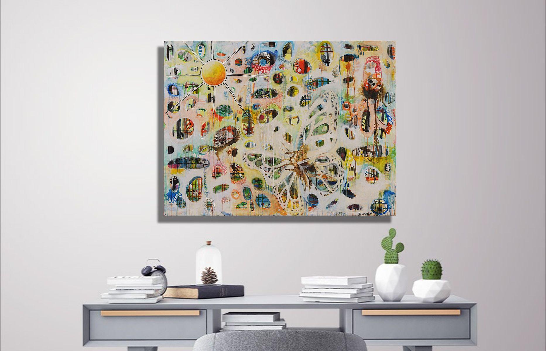 « We Are One, You and I, the Trees and the Butterfly » (Tu es moi, les arbres et le papillon), peinture à l'acrylique sur toile - Painting de Anne Oliver