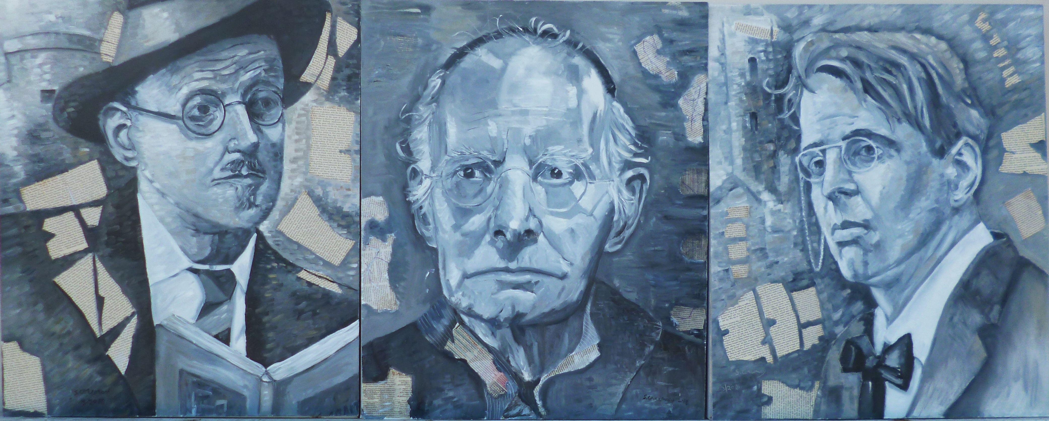 A  Triptych painting meaning the painting is in three parts. The painting is of three great Irish writers, Joyce, O'Casey and Yeats. The paining can come as one or separated into three.   :: Painting :: Realism :: This piece comes with an official