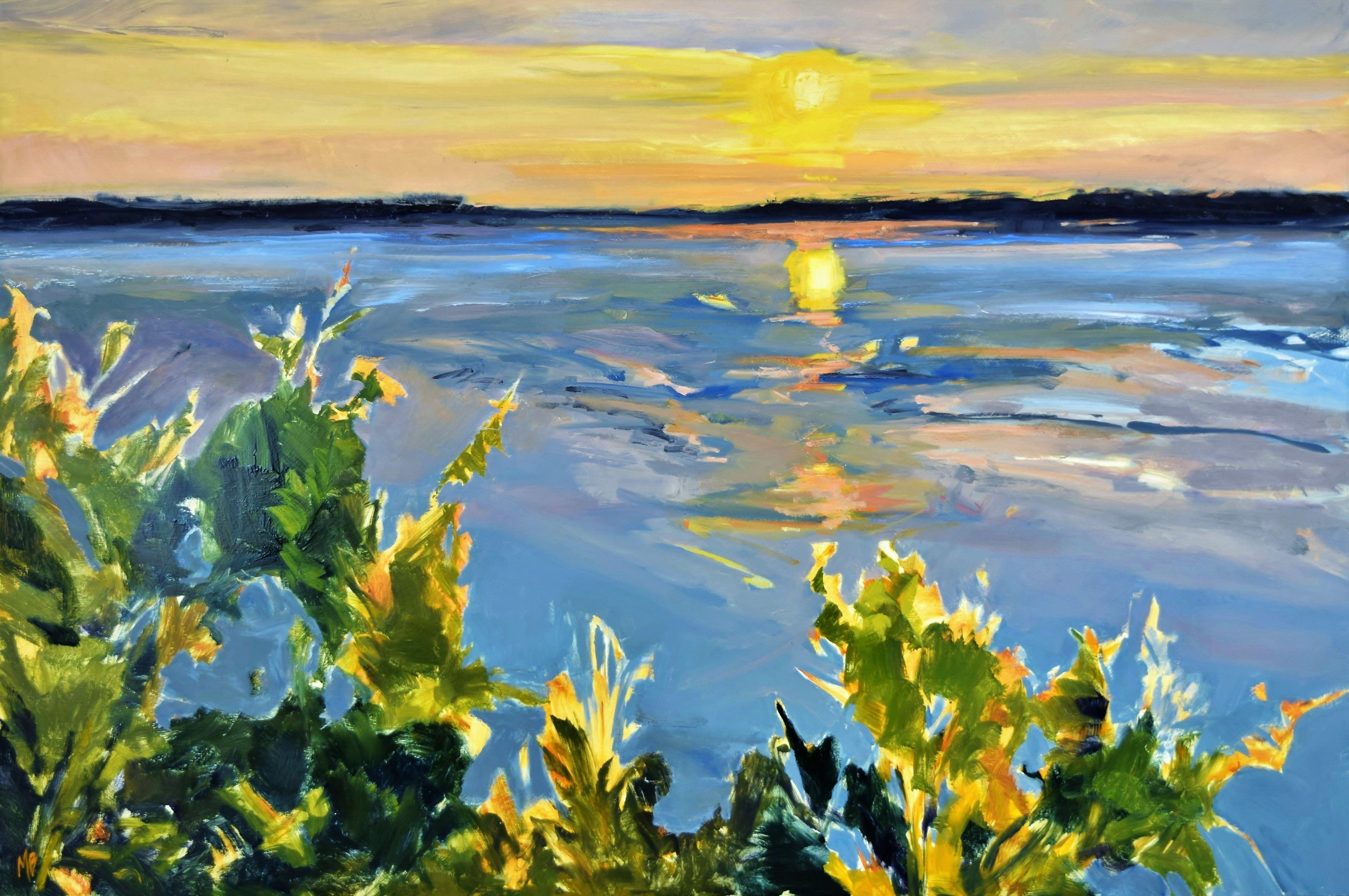 Celebrating the mighty Mississippi river. Reflected light at sunset gives the surrounding vegetation a warm glow. :: Painting :: Contemporary :: This piece comes with an official certificate of authenticity signed by the artist :: Ready to Hang: Yes