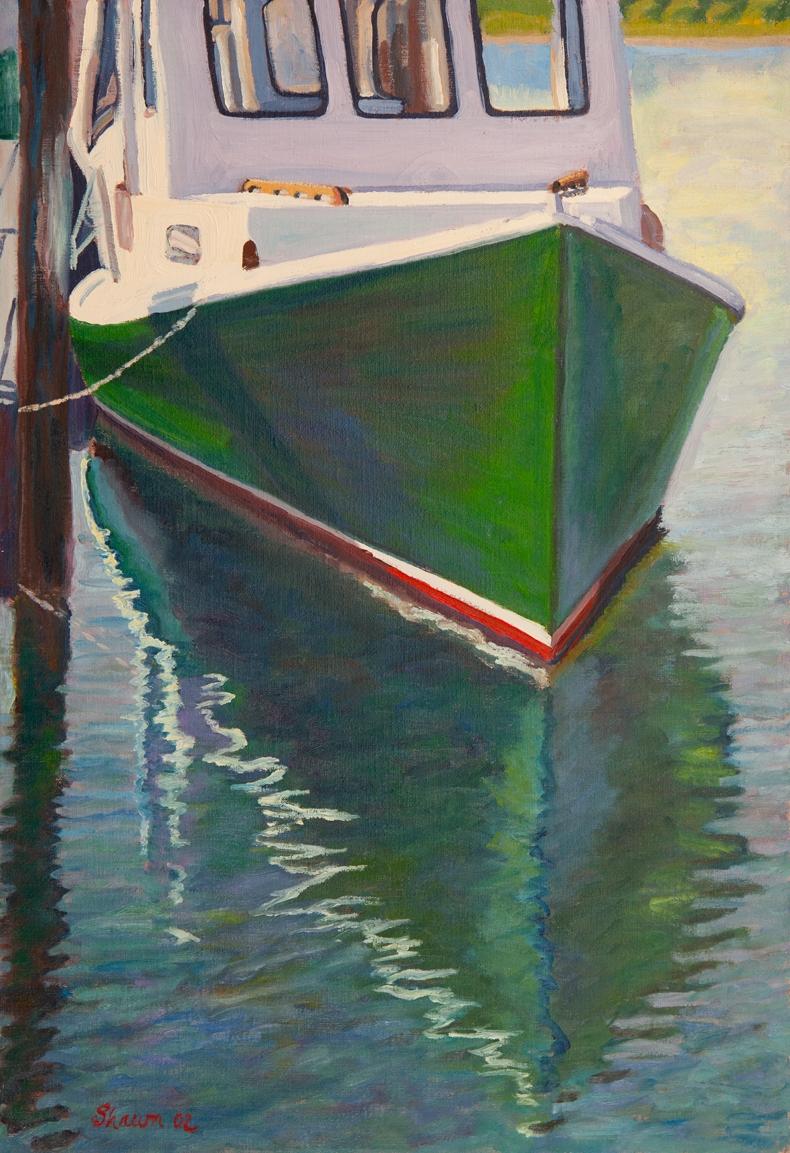Fishing boat, docked early morning. :: Painting :: Realism :: This piece comes with an official certificate of authenticity signed by the artist :: Ready to Hang: Yes :: Signed: Yes :: Signature Location: lower left :: Canvas :: Portrait :: Original