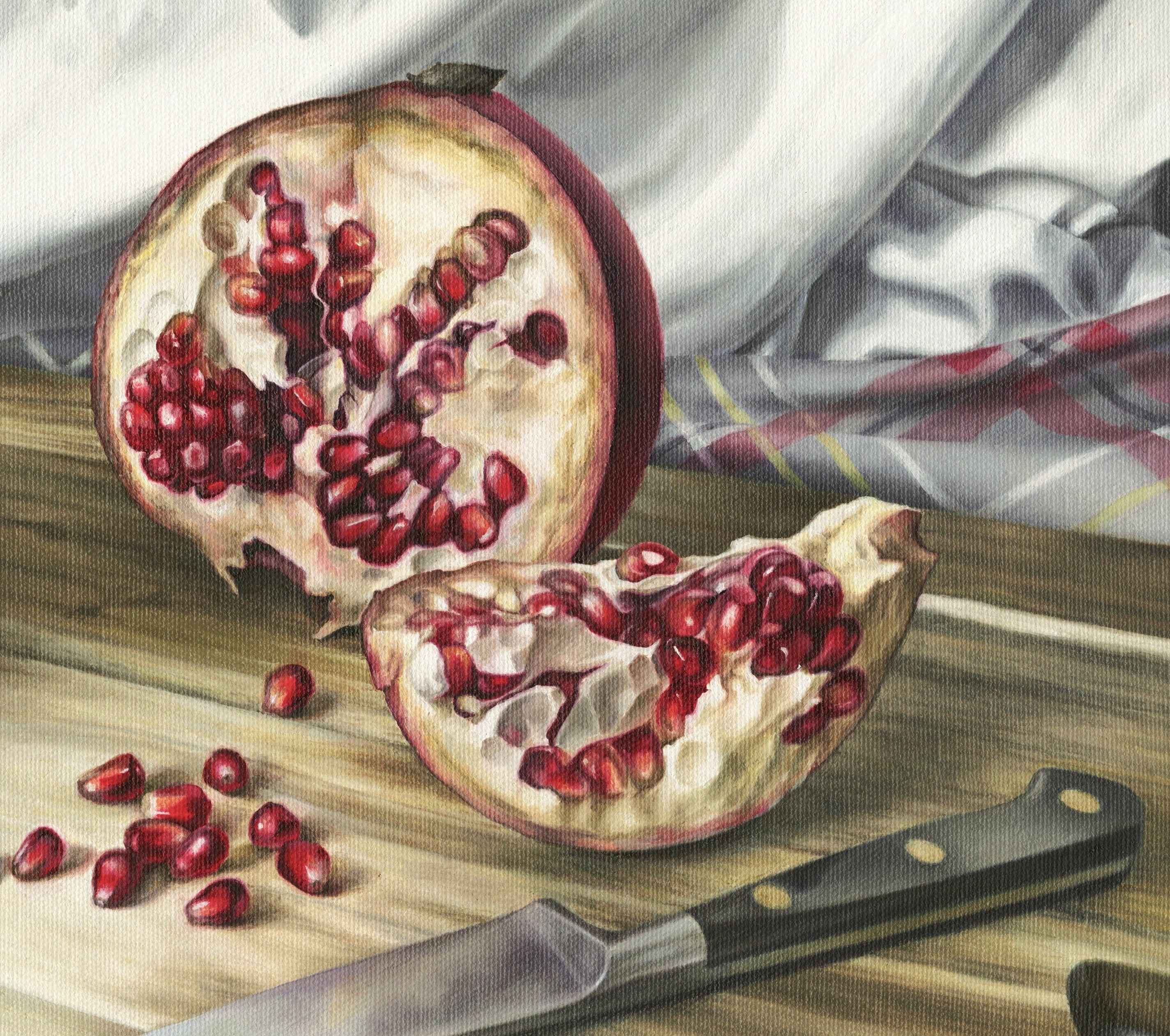 Melograni su tavola di acacia, Pittura, Olio su tela - Painting Realismo di Natalia Beccher