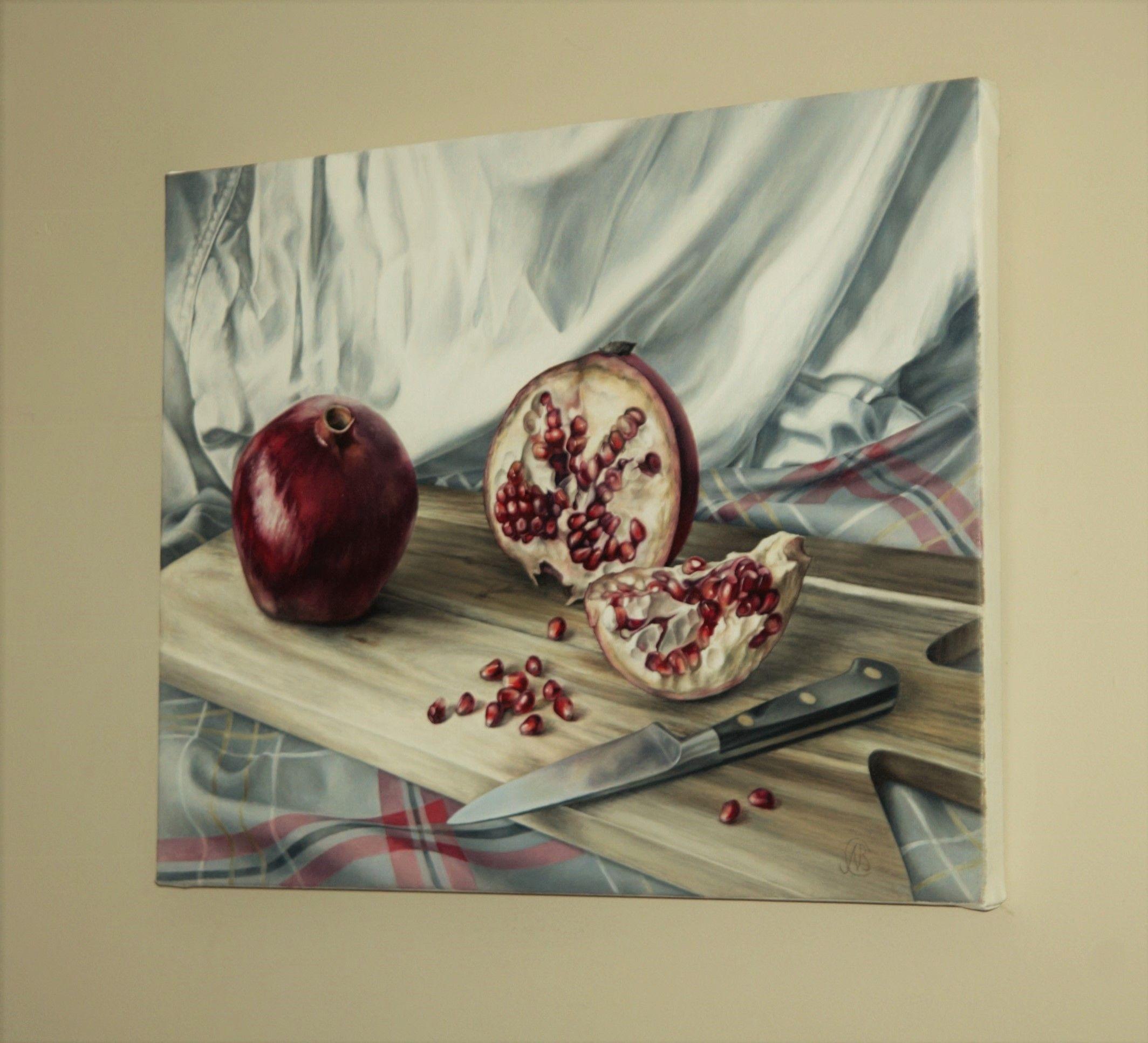 Pomegranates on an Acacia Board, Painting, Oil on Canvas For Sale 1