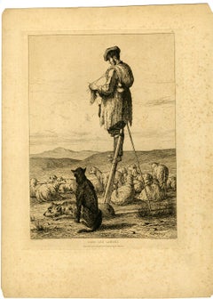 A shepherd knitting in Les Landes. by Armand Queyroy - Etching - 19th Century