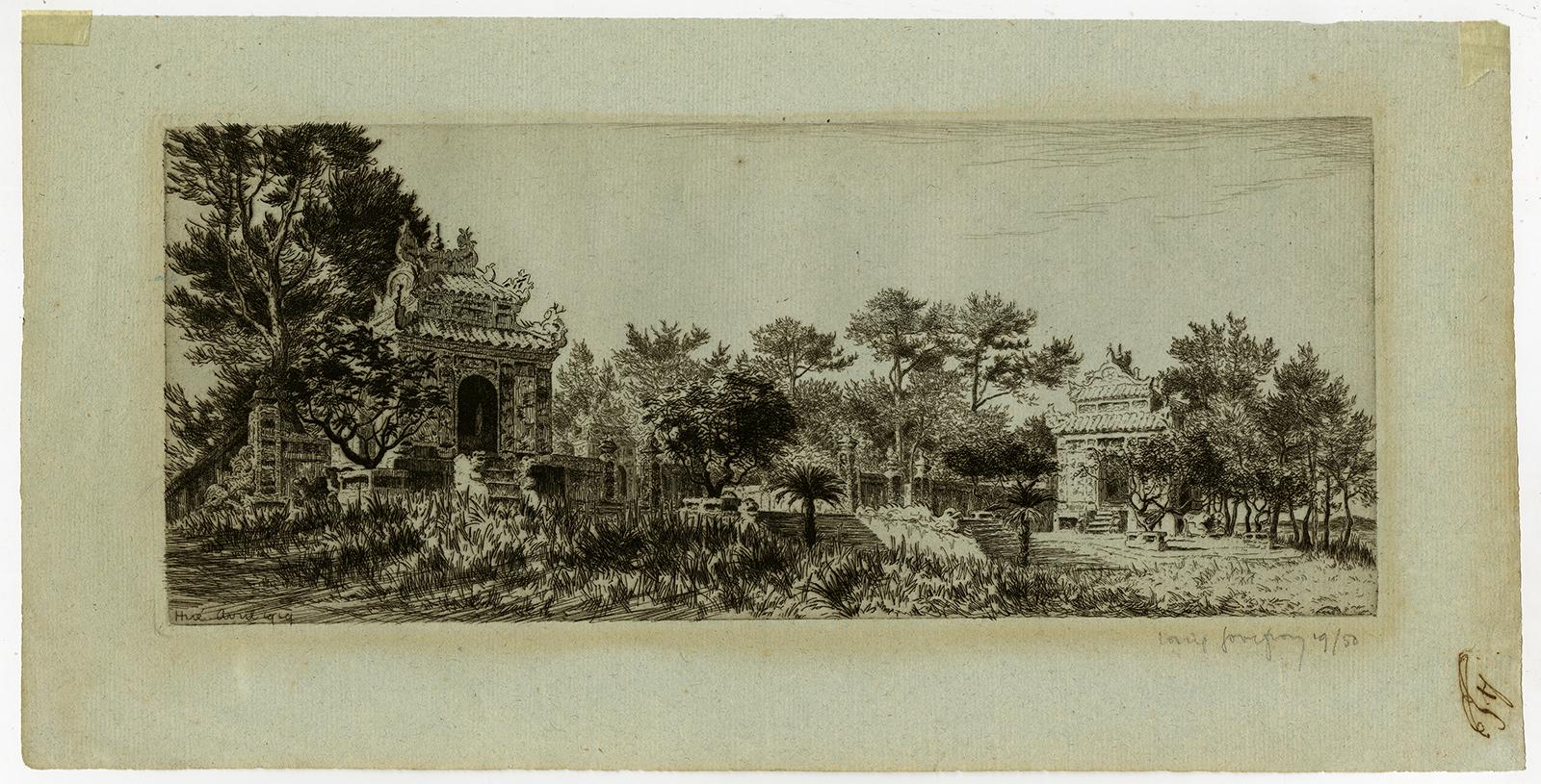 Subject:  Antique Master Print, titled: 'Hue, avril 1919' - View on the west bank of the Perfume river 'Song Huong' lies the old Imperial City of Hue in Vietnam.

Description:  Impression 19 of 50, printed on blueish 18th. Century paper. From a set