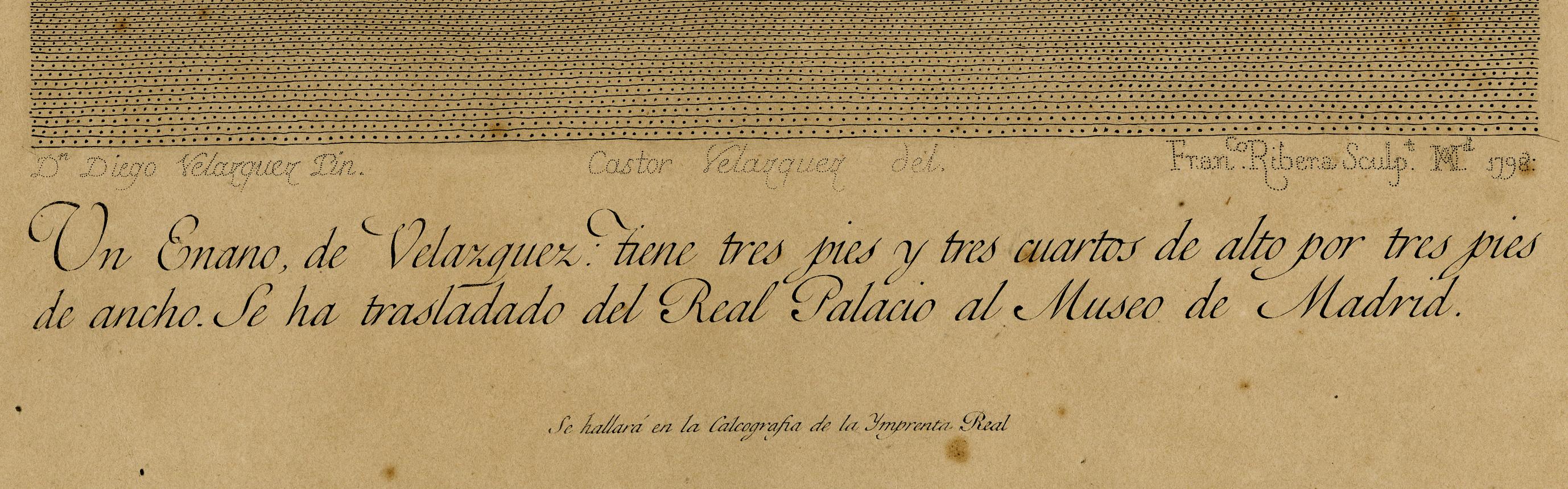 Subject:  Antique Master Print, titled: 'Un emano, de Velasquez, [..]' - Portrait of the court dwarf and jester Don Sebastian de Morra.

Description:  Published by the Calcografia de la Ymprenta Real in Madrid.

Artists and Engravers:  Made by