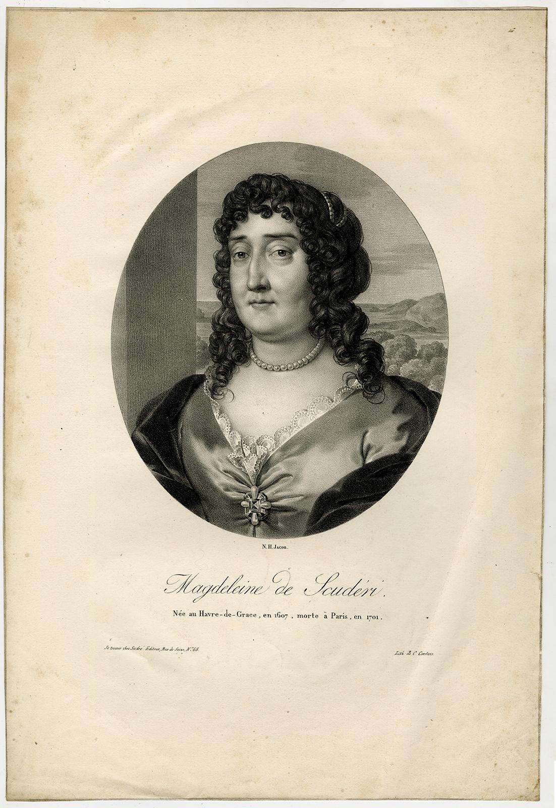 Subject:  Antique Master Print, titled: 'Magdeleine de Scuderi' - Portrait of the author Magdeleine de Scuderi.

Description:  Source unknown, to be determined.

Artists and Engravers:  Made by 'Nicolas Henry Jacob' after own design. Nicolas Henry