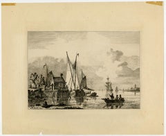 View of a ship near a pier by Willem Gruyter Jr.  - Etching - 19th Century