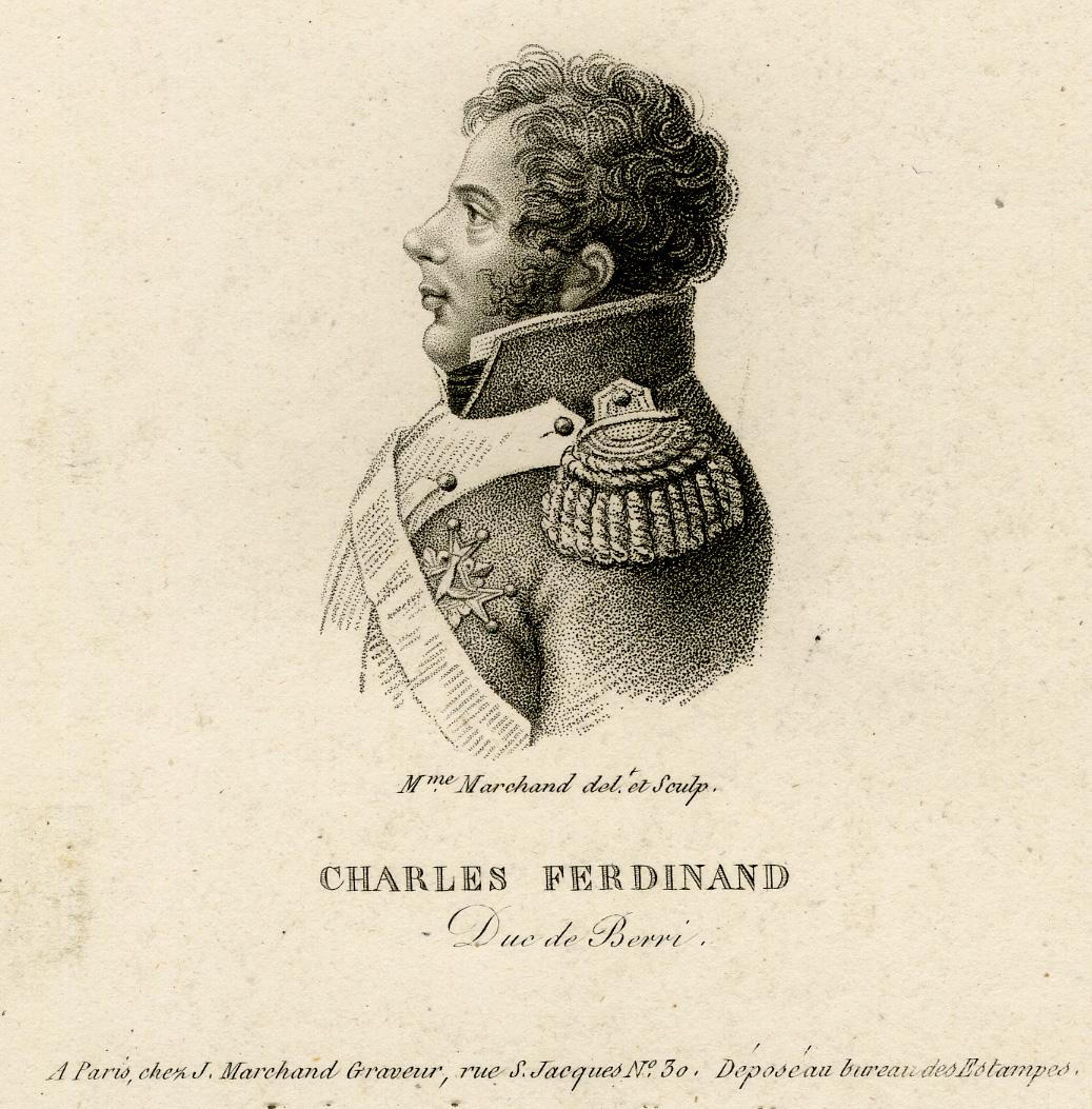 Subject:  Antique Master Print, titled: 'Charles Ferdinand duc de Berri' - Portrait of Charles Ferdinand d'Artois, duke of Berry.

Description:  Published by the husband of the engraver.

Artists and Engravers:  Made by 'Cecile Marchand' after own
