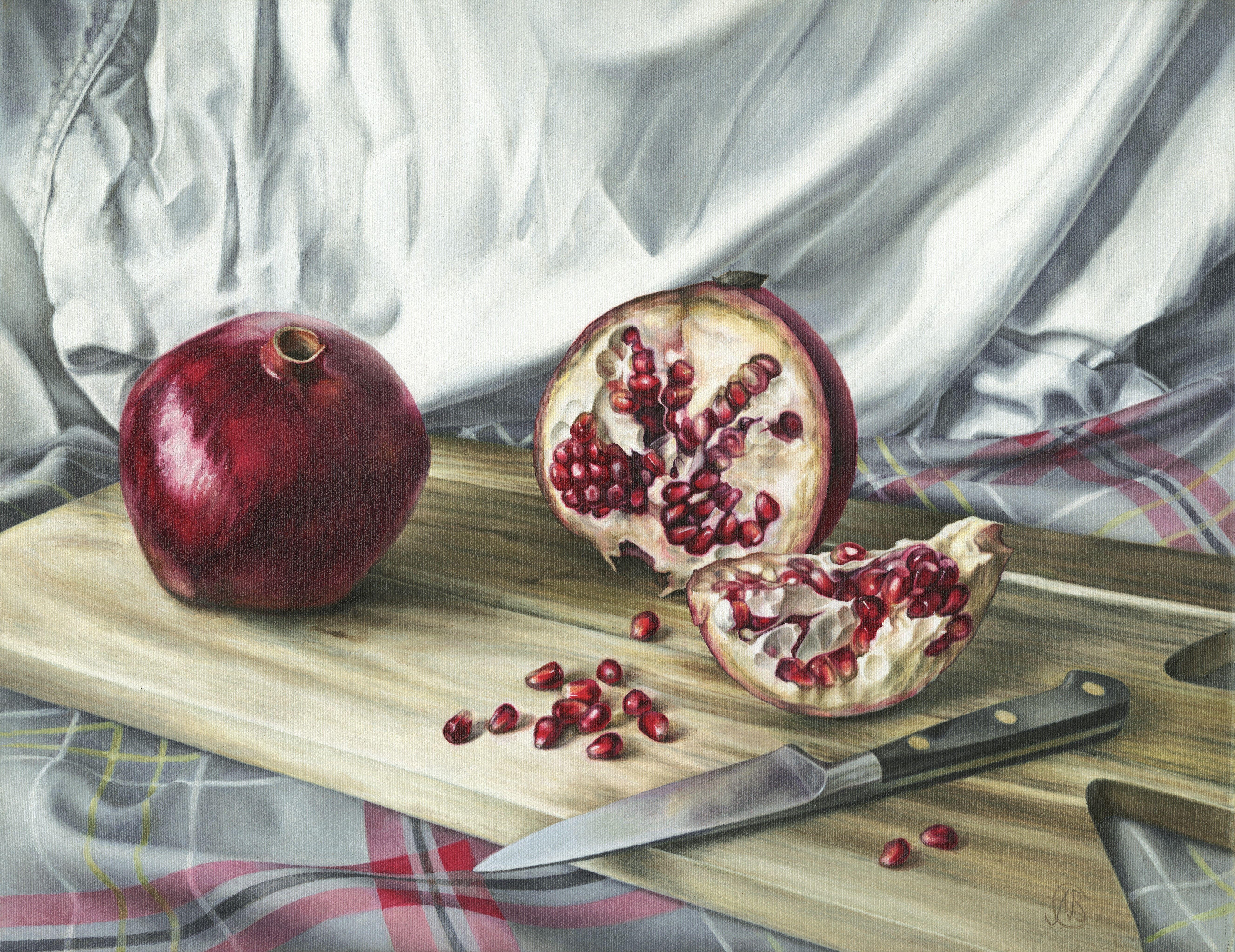 As a fruit, the pomegranate has always been exotic to me, like a jewellery box full of rubies from afar.  As an object of art they excite me, it has always been interesting to uncover the meaning and symbolism in the paintings of the old masters. 