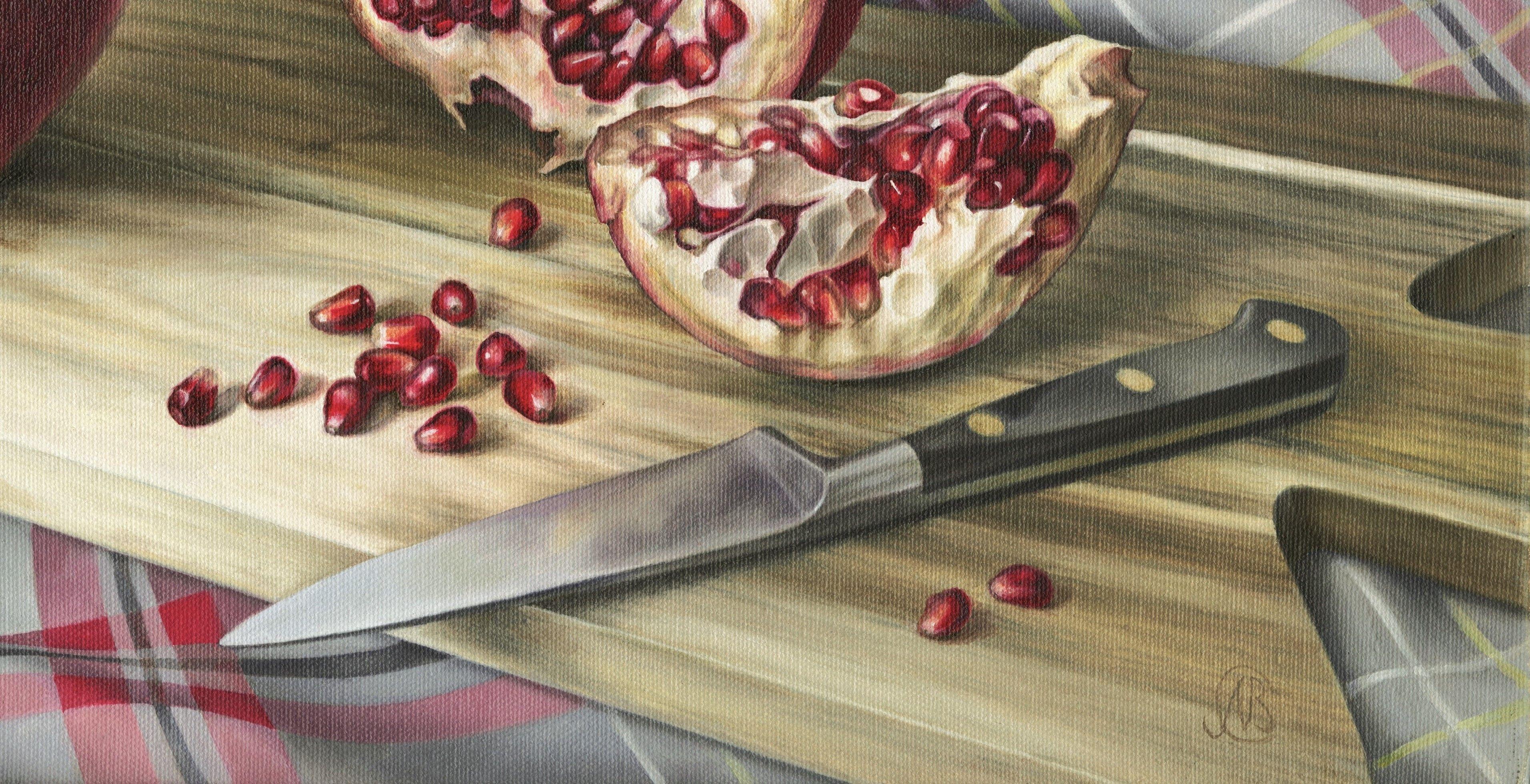 Pomegranates on an Acacia Board, Painting, Oil on Canvas 3