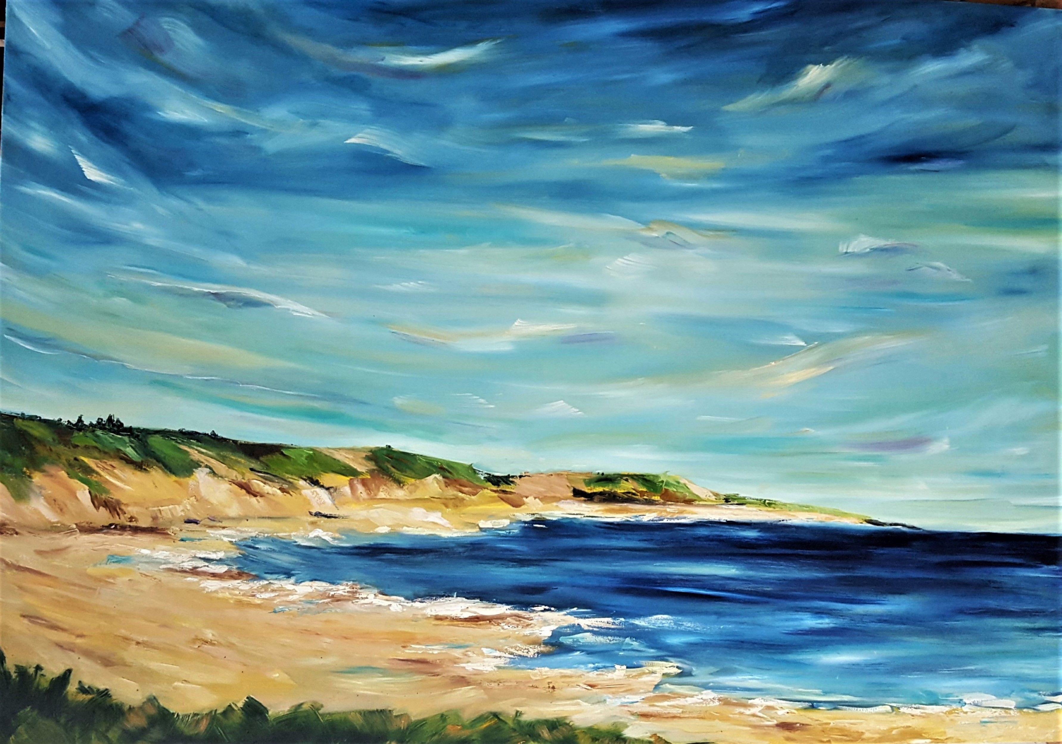 The big blue horizon and the golden sands of Summer is my tribute to the wonderful summer that we have just had in Ireland, even though our well almost ran dry the constant blue skied and hot days were wonderful....  This is a painting of the famous