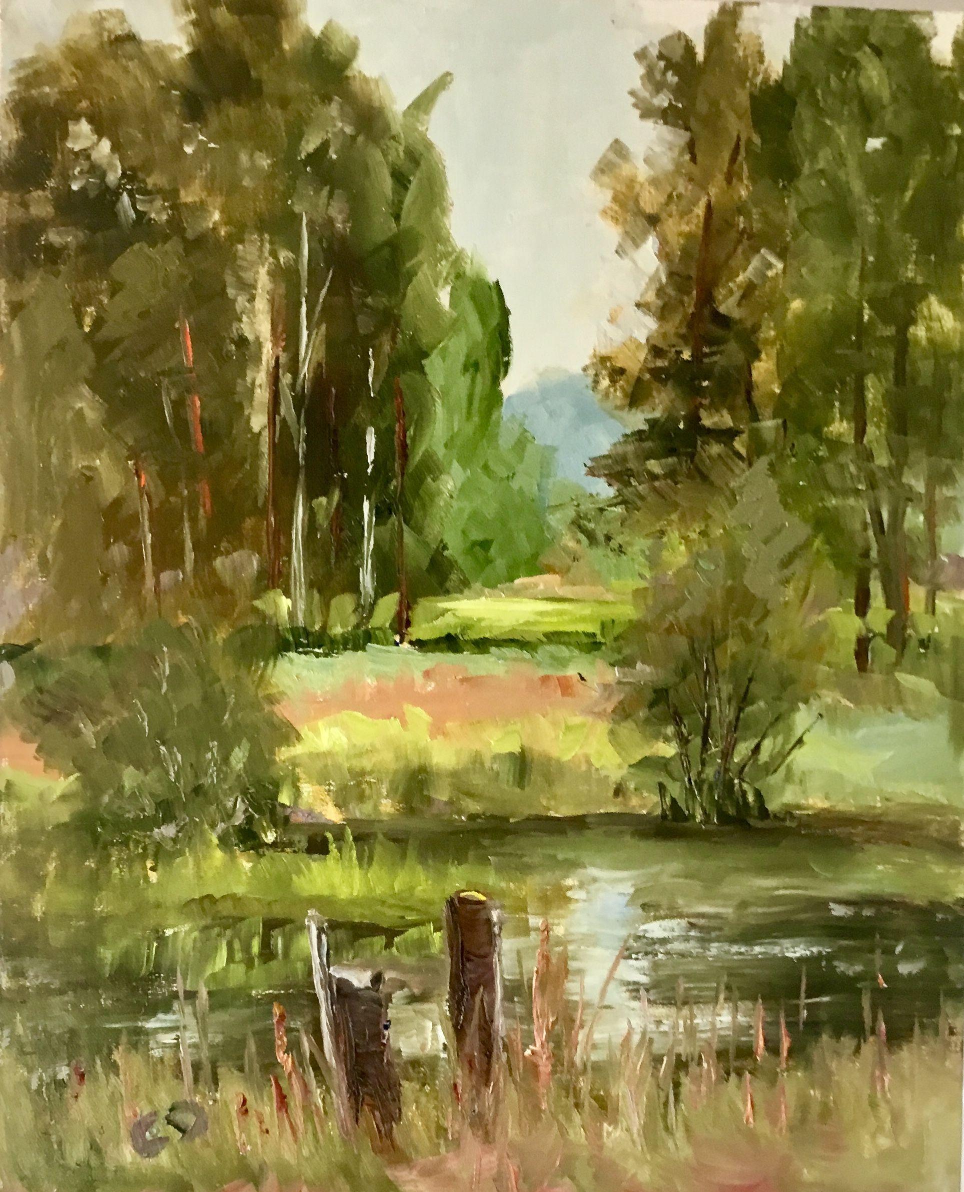 Egans Slough is located in the Flathead Valley, Montana. The reflections drew me to the scene. Also the fence posts that seemed to point at the sky reflection and to the opening in the trees.  :: Painting :: Impressionist :: This piece comes with an