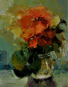 Bol de fleurs d'écarlate, peinture à l'huile sur toile