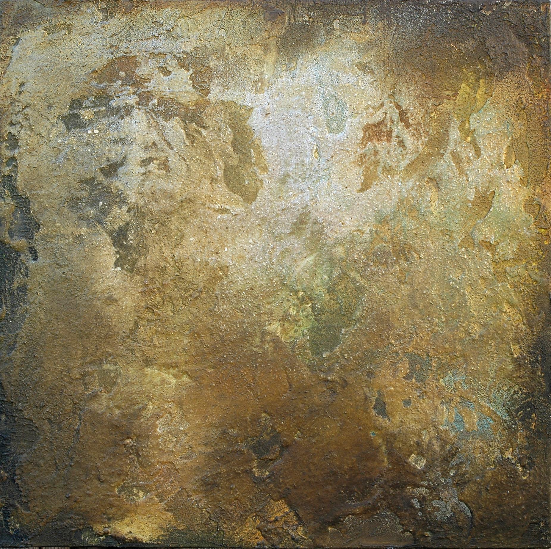 This richly hued painting in browns, gold and various earth tones is a dramatic piece of art. I have tried to capture the allure of a hidden gem. It has many layers of paint, natural pigments, flecks of gold and interference paint. Golden Beryl is a