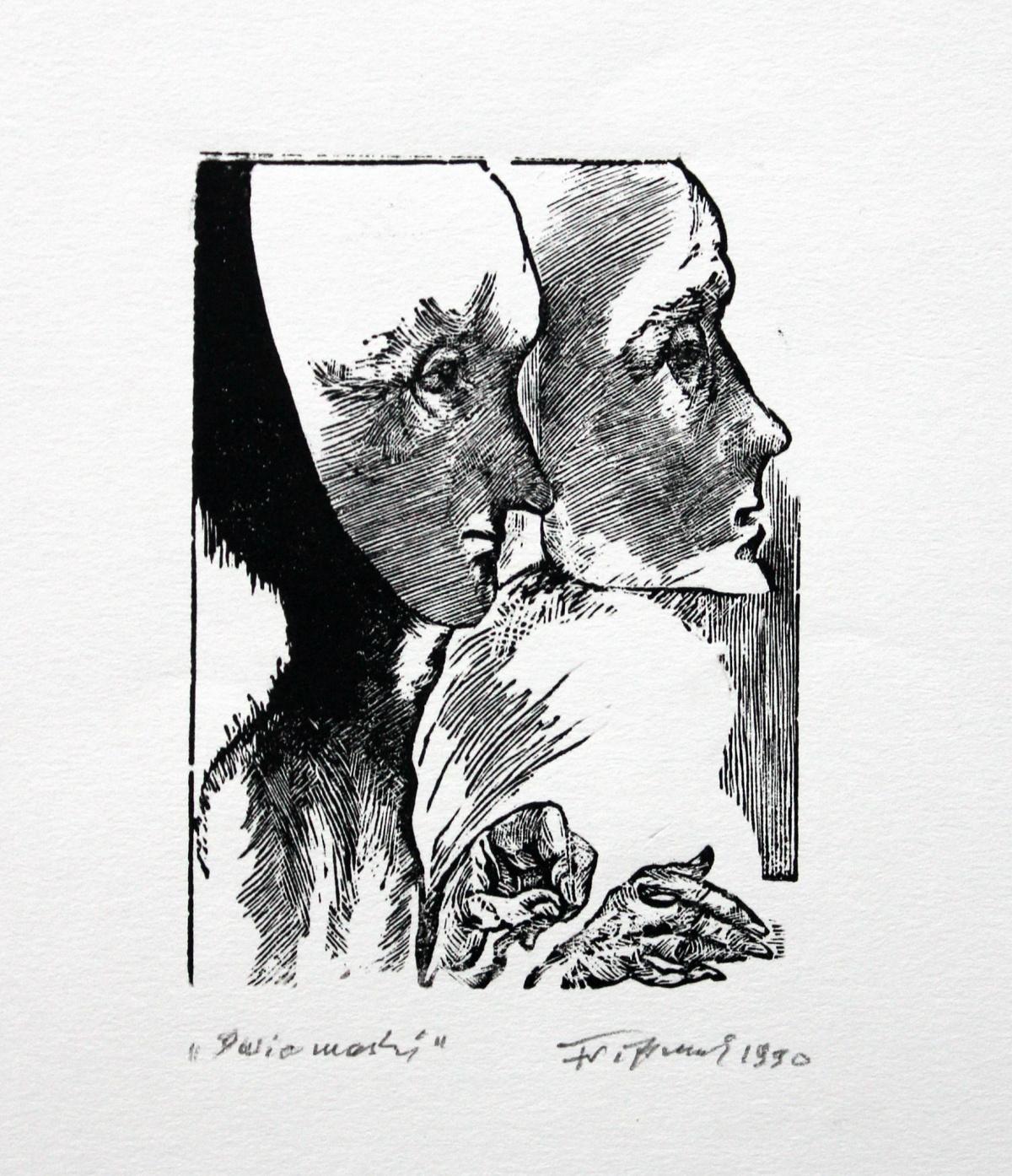 Two masks - XXI century, Black and white print, Figurative - Painting by Franciszek Bunsch