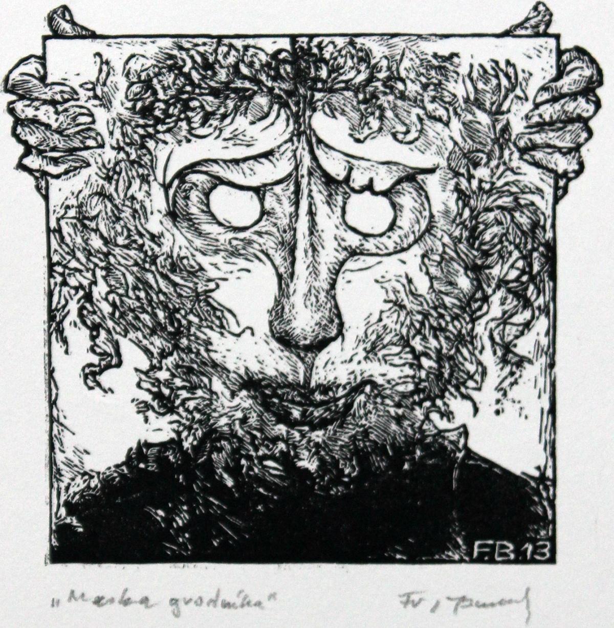 Gardener's mask- XXI century, Black and white print, Figurative