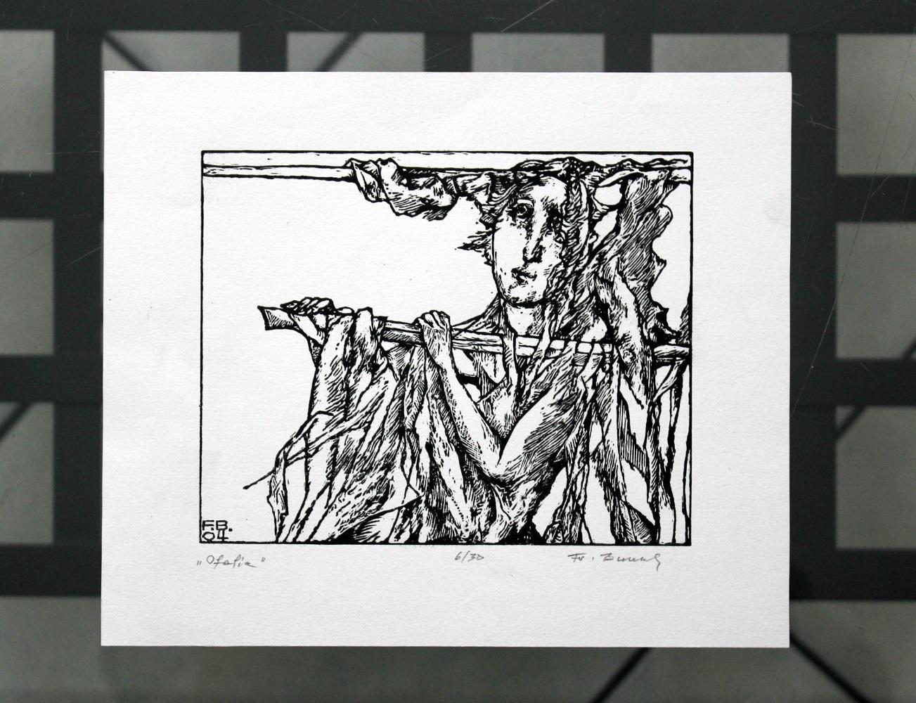Ofelia - Siglo XXI, Grabado en blanco y negro, Figurativo, Shakespeare - Print Otro estilo de arte de Franciszek Bunsch