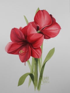 Red amaryllis - XXI century, Watercolour figurative, Colourful, Flower