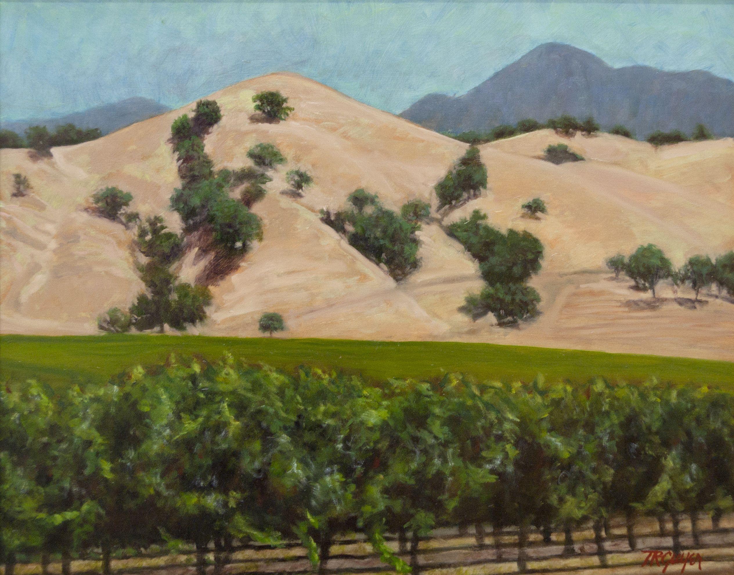 Hillside spotted with trees, a clear sky, and full vines nearly ready for the harvest. :: Painting :: Impressionist :: This piece comes with an official certificate of authenticity signed by the artist :: Ready to Hang: Yes :: Signed: Yes ::