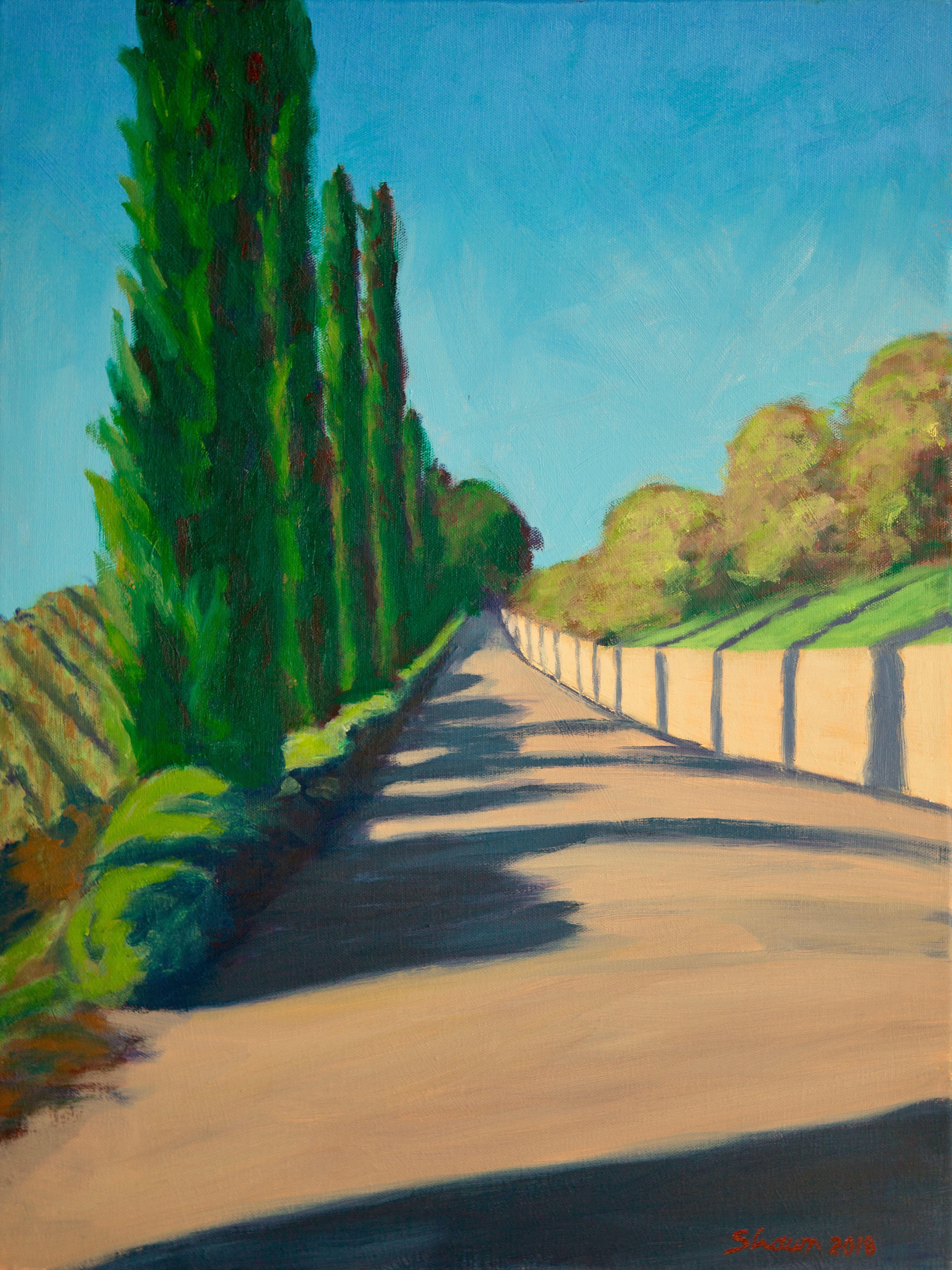 Camino toscano bordeado de cedros, luz brillante de otoño :: Pintura :: Italiana y Toscana :: Esta obra viene con un certificado oficial de autenticidad firmado por el artista :: Lista para colgar: Sí :: Firmada: Sí :: Ubicación de la firma: esquina