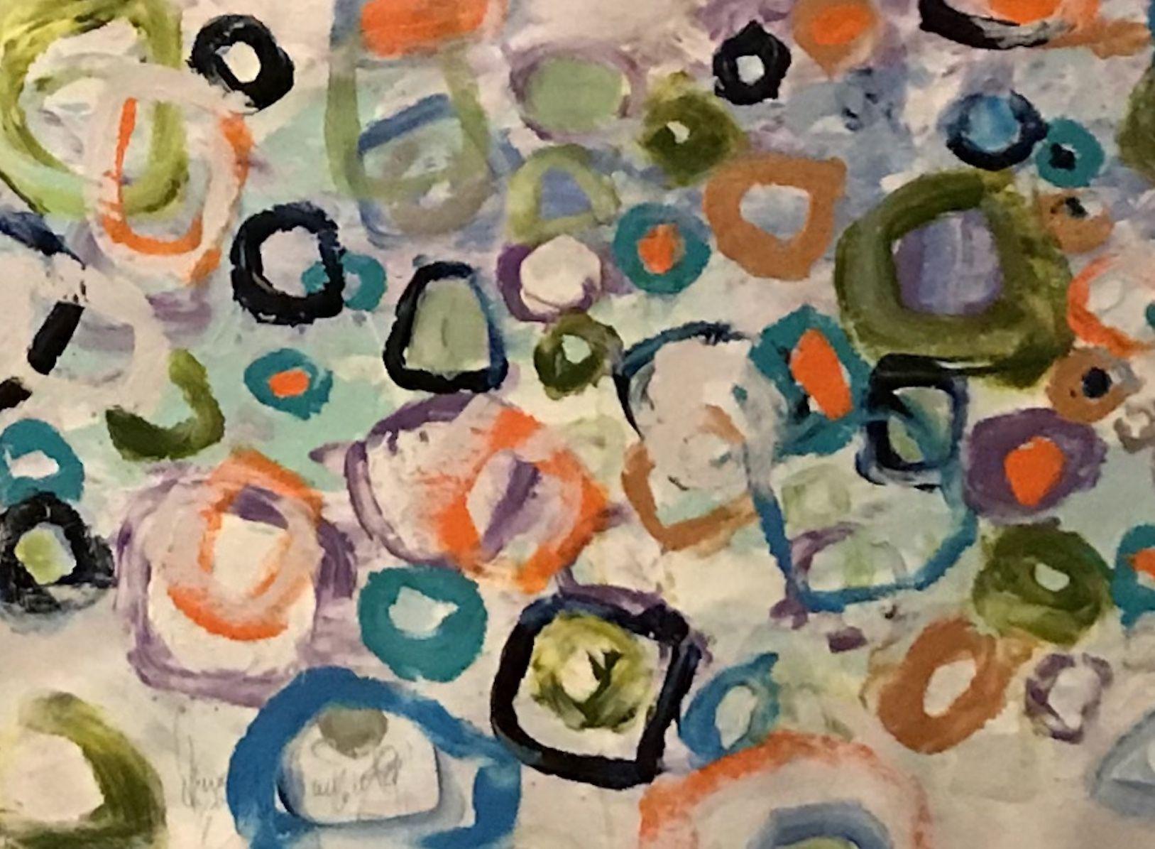Orange Hugs Blue, Painting, Acrylic on Canvas - Beige Abstract Painting by Darlene Watson