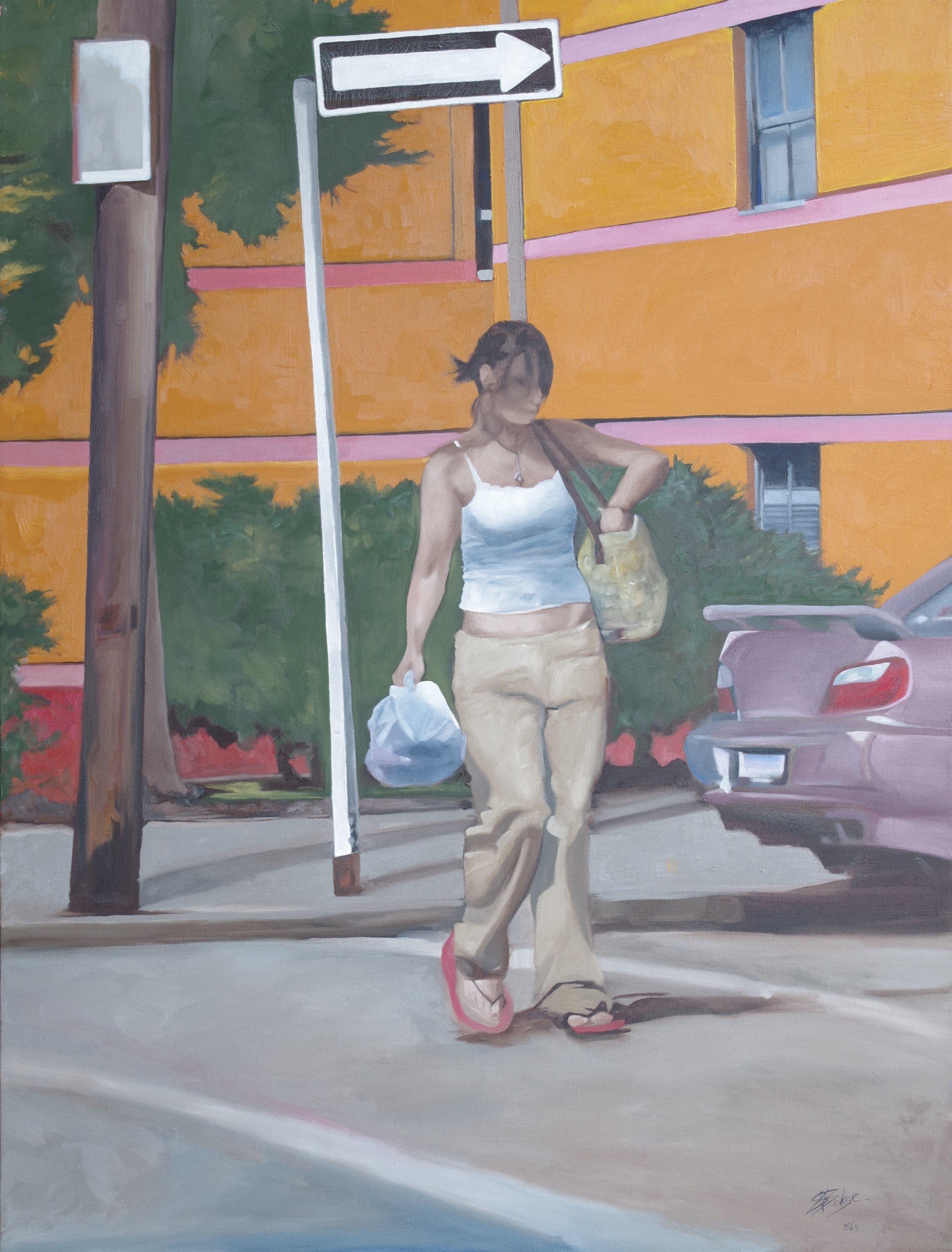 A woman walking with bags amongst the happy colors of Pittsburgh. Oil on cotton canvas over thick pine stretchers. Ready to hang, but could be framed by the buyer. :: Painting :: Contemporary :: This piece comes with an official certificate of